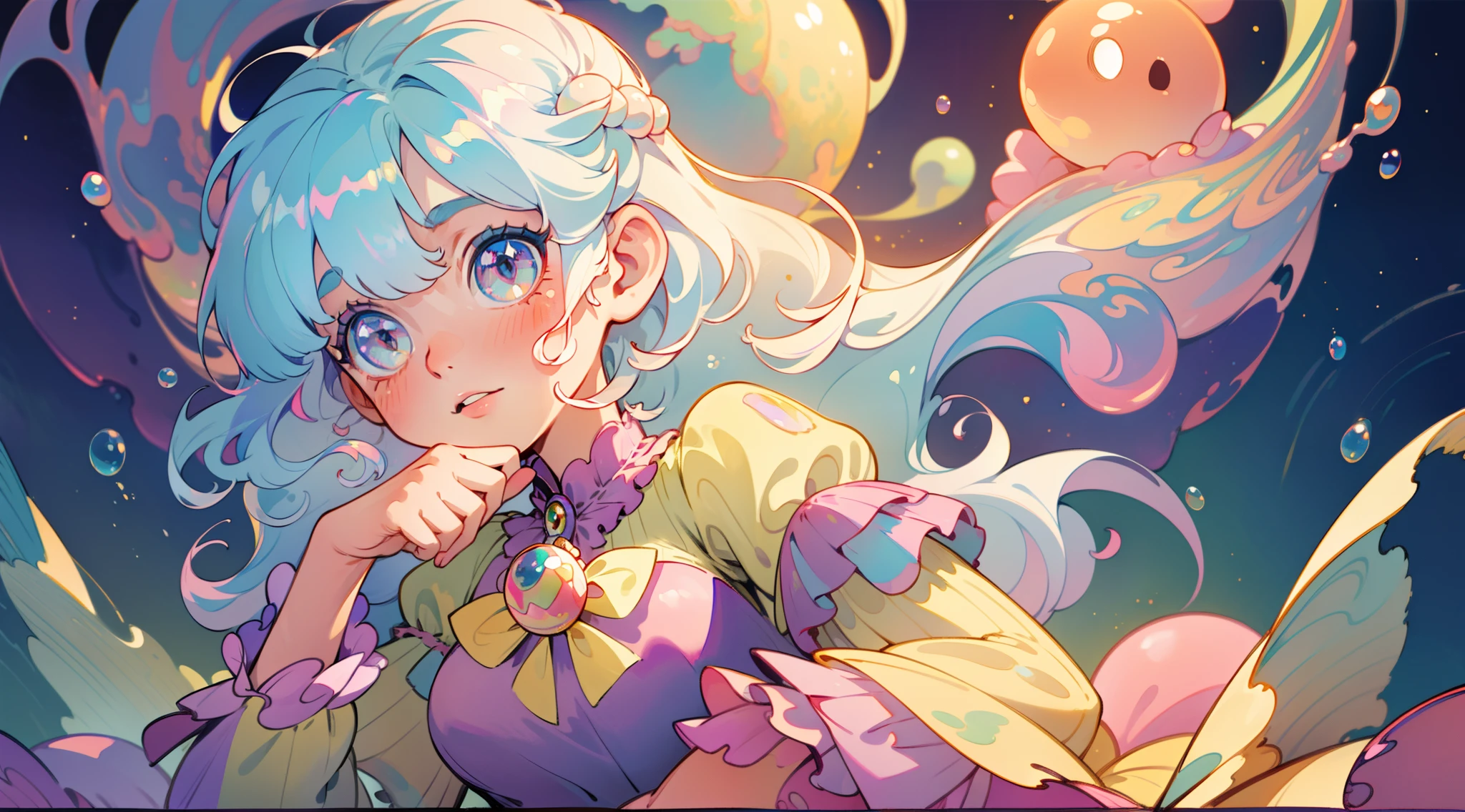 masterpiece, best quality, 8k resolution, sharp focus, intricate detail, beautiful girl, sparkling eyes, golden ratio face, otherworldly liquid, watercolor, pastel colors, bright colors, whimsical, colorful, sharp focus, high resolution, fine detail, ((layered tiered puffy long sleeves ballgown)), ((round eyes)), iridescent bubbles, fantasia background