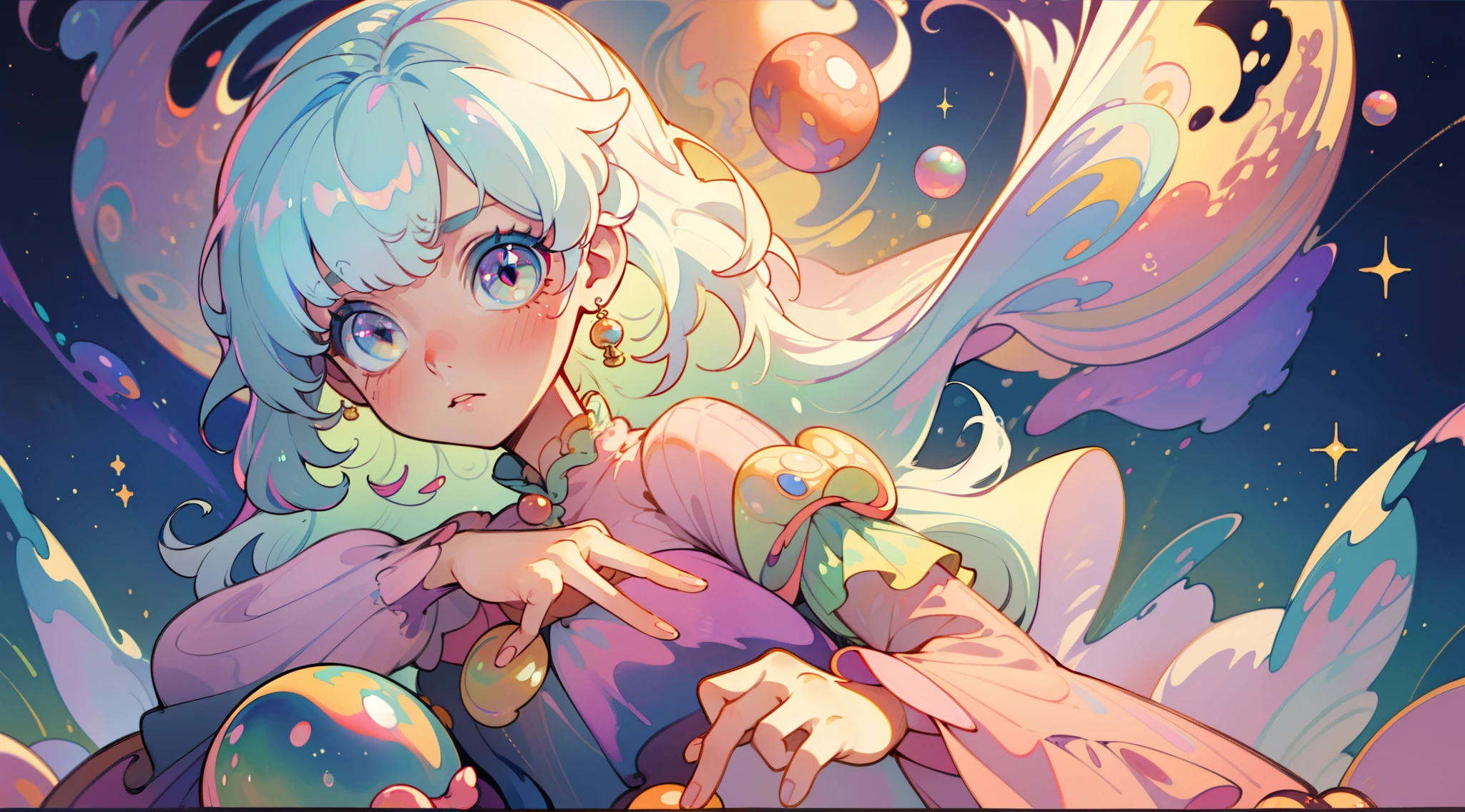masterpiece, best quality, 8k resolution, sharp focus, intricate detail, beautiful girl, sparkling eyes, golden ratio face, otherworldly liquid, watercolor, pastel colors, bright colors, whimsical, colorful, sharp focus, high resolution, fine detail, liquid ballgown, ((round eyes)), iridescent bubbles