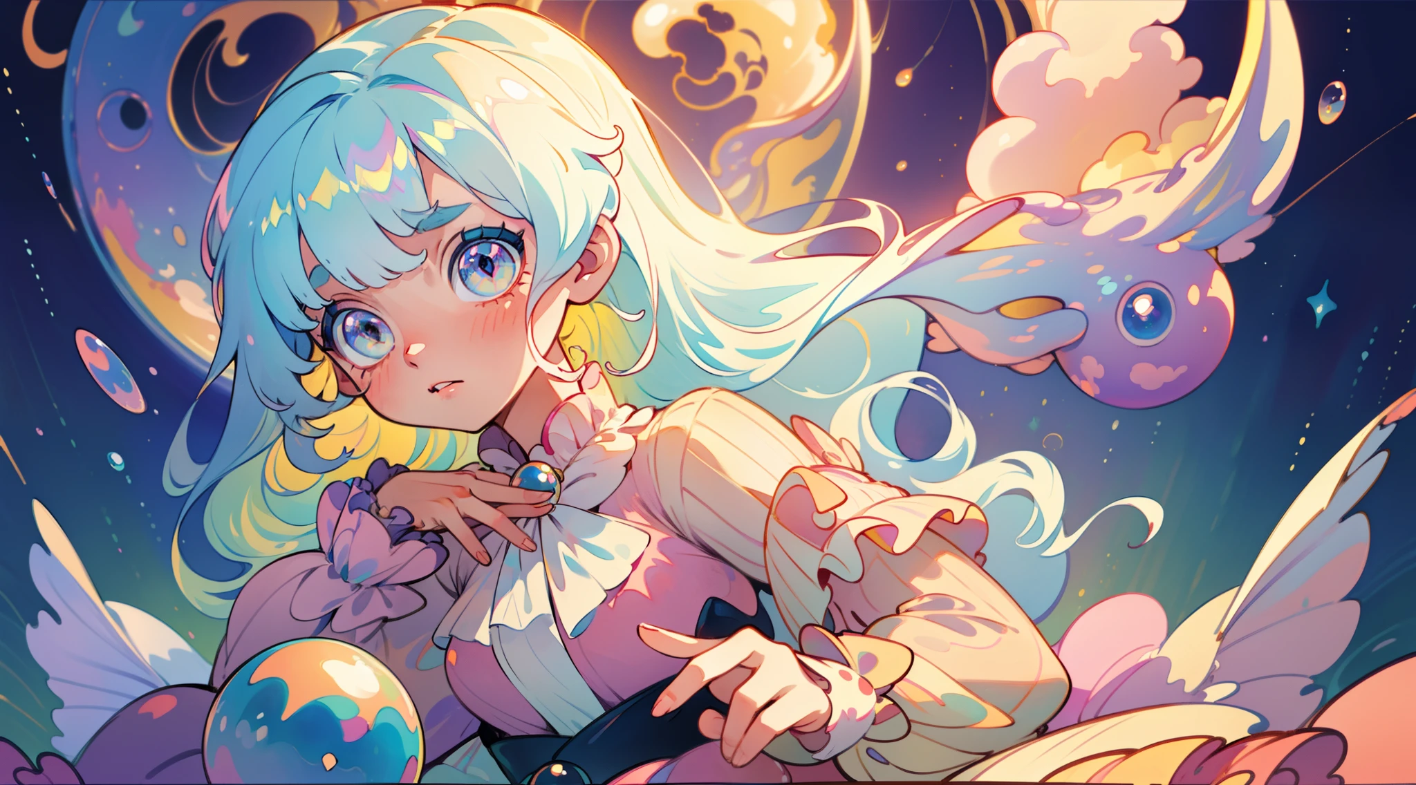 masterpiece, best quality, 8k resolution, sharp focus, intricate detail, beautiful girl, sparkling eyes, golden ratio face, otherworldly liquid, watercolor, pastel colors, bright colors, whimsical, colorful, sharp focus, high resolution, fine detail, ((layered tiered puffy long sleeves ballgown)), ((round eyes)), iridescent bubbles, fantasia background