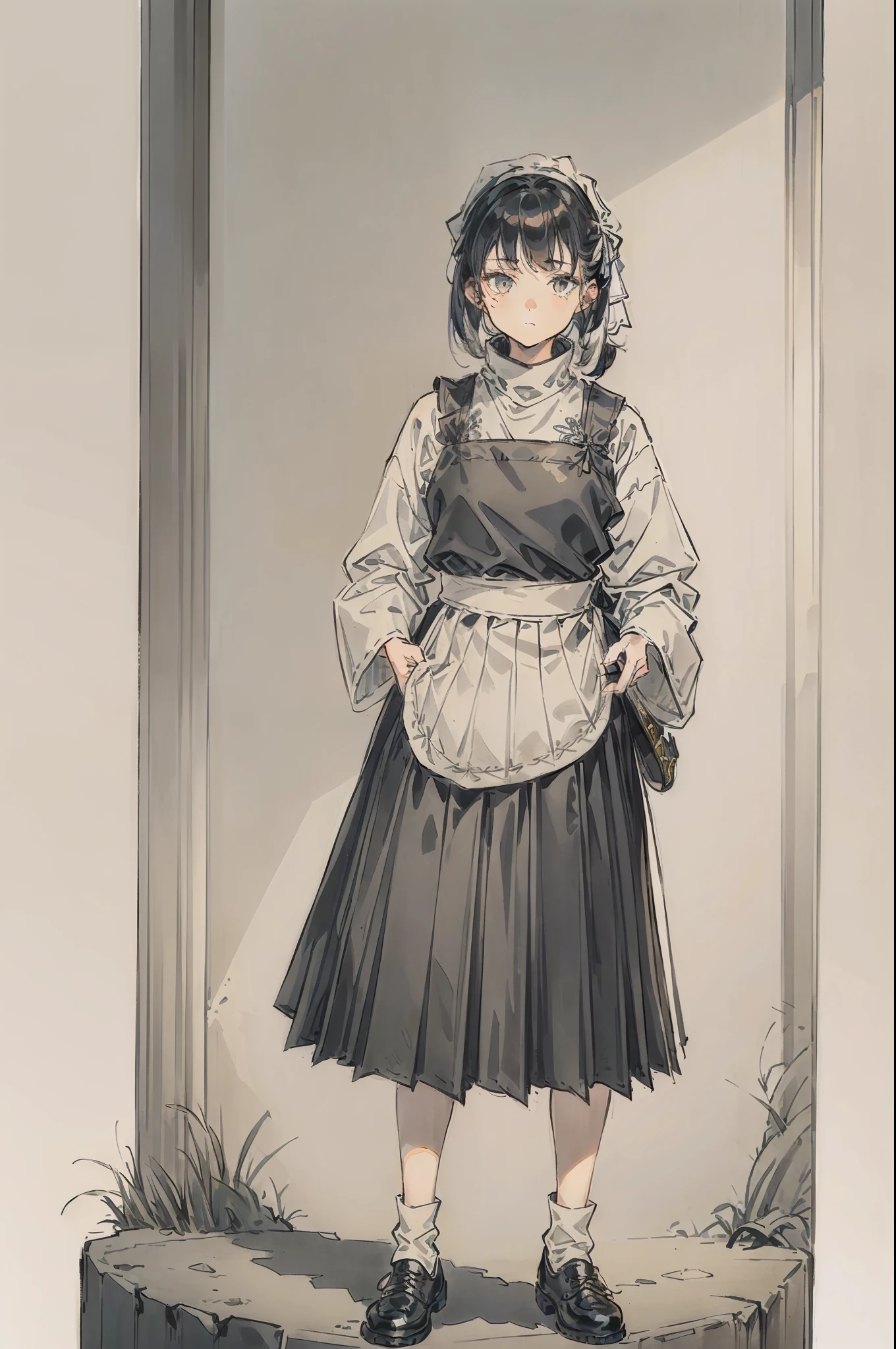 (A -yeld gi+(Old turtleneck shirt+light gray+Pleats)+(Dark gray dress+Simple style+No flashy decorations)+(aprons+greys/Light+lacing/Embroidery)+(leather shoes+Plain style+black in color)+(White bandana tied hair),Whole body diagram,standing on your feet,golden hair