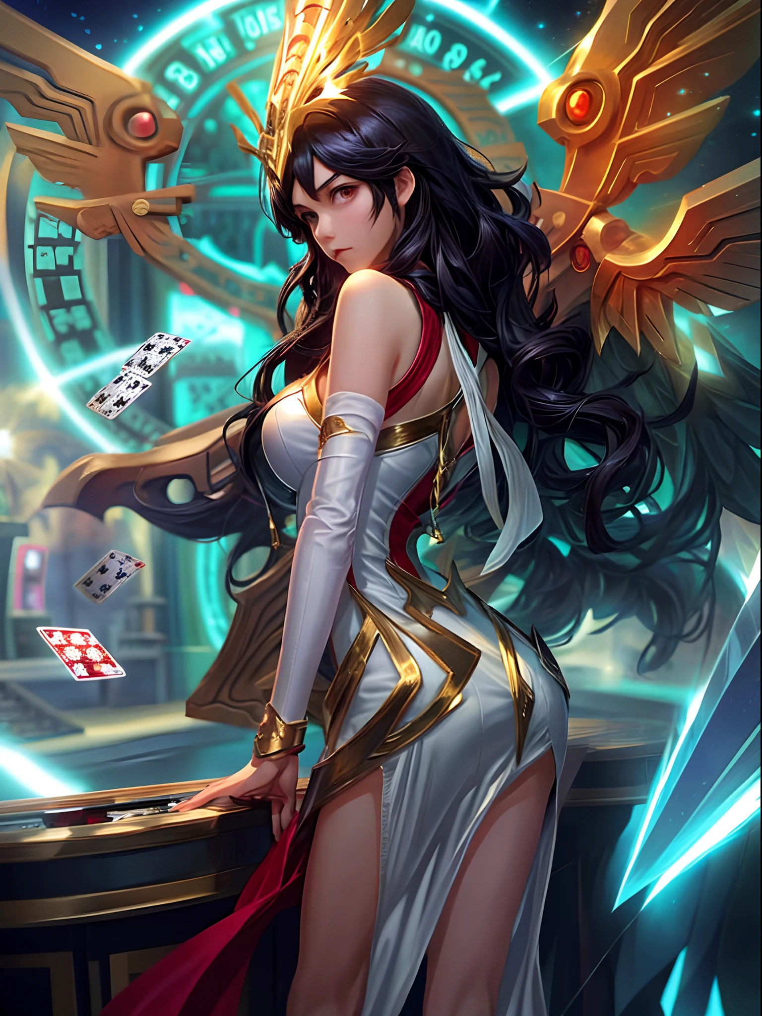 ross tran style, ross tran 8 k, guweiz on pixiv artstation, extremely detailed artgerm, guweiz on artstation pixiv, artgerm on artstation pixiv, 1girl, solo, long hair, black hair, hair ornament, dress, big breasts, full body, outdoors, mechanical wings, ((hyper realistic, casino background))