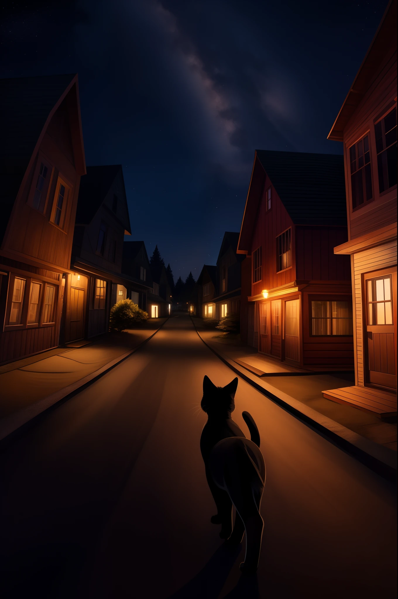 A black kitten is walking down the main street of a small town at night. The street is lined with old wooden buildings, and the windows of each house are lit up. The sky is full of stars, and the trees are swaying in the wind.