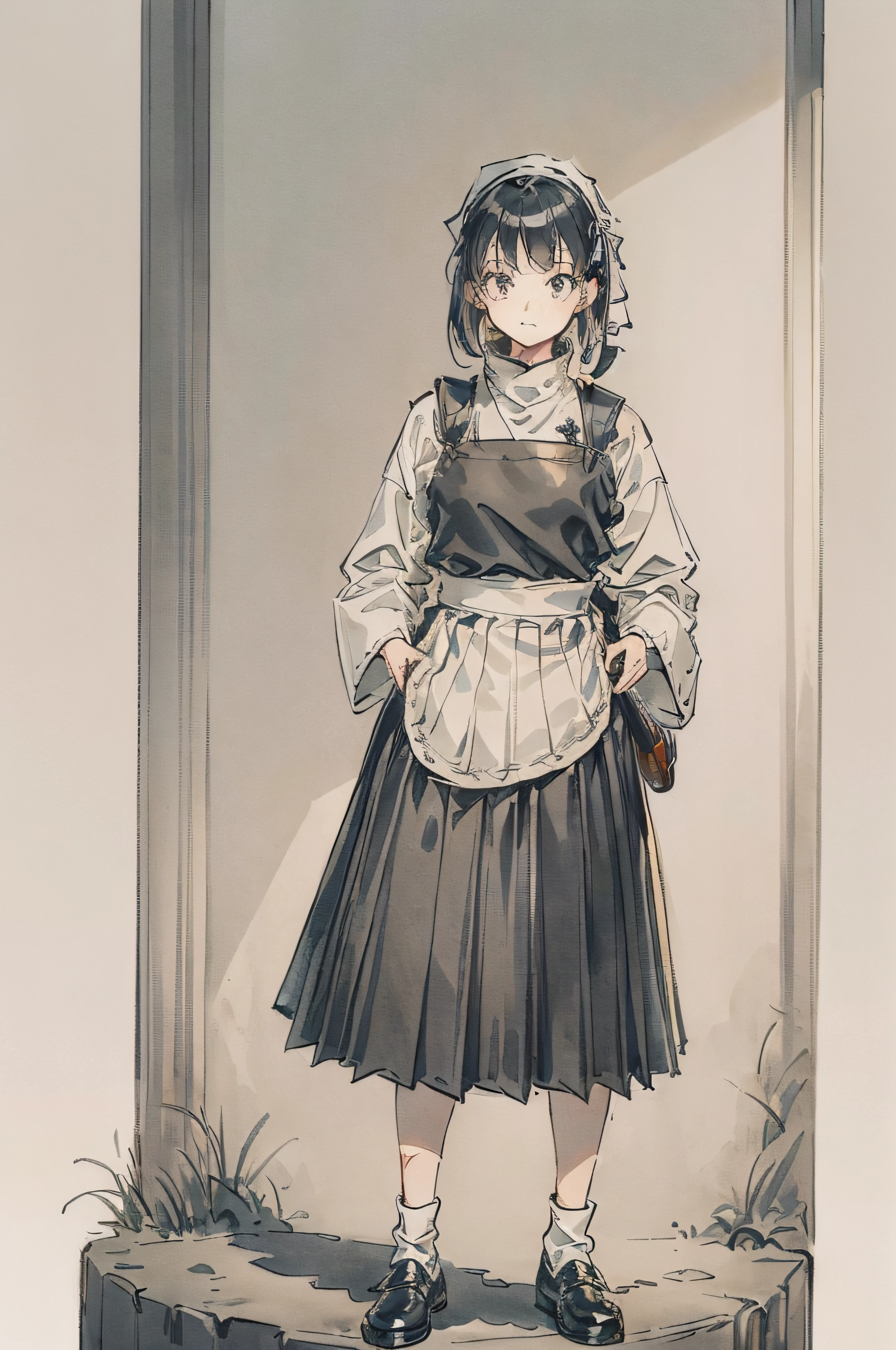 (A -yeld gi+(Old turtleneck shirt+light gray+Pleats)+(Dark gray dress+Simple style+No flashy decorations)+(aprons+greys/Light+lacing/Embroidery)+(leather shoes+Plain style+black in color)+(White bandana tied hair),Whole body diagram,standing on your feet,golden hair