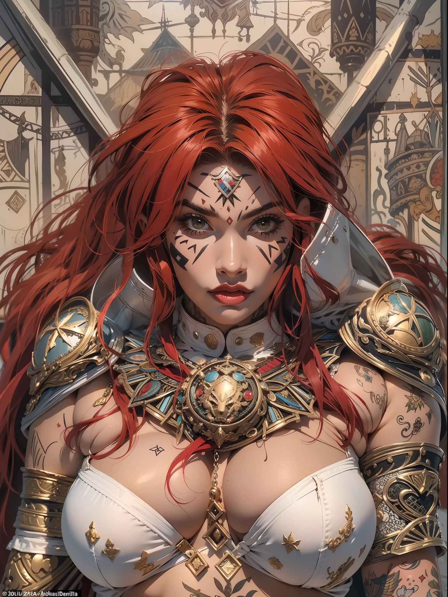 (((mulher))), (((melhor qualidade))), (((obra prima))), (((adulta))), Uma guerreira mulher de 35 anos com corpo perfeito, Brooklyn Gladiators, (( under boobs )), quase nua no estilo selvagem urbano de Simon Bisley para a capa da revista Heavy Metal, cabelo loiro, Minimum clothing, red and white checkered pattern, armadura, cheio de pontas e rebites, tatuagem tribal, (((do joelho pra cima))), cabelo desalinhado