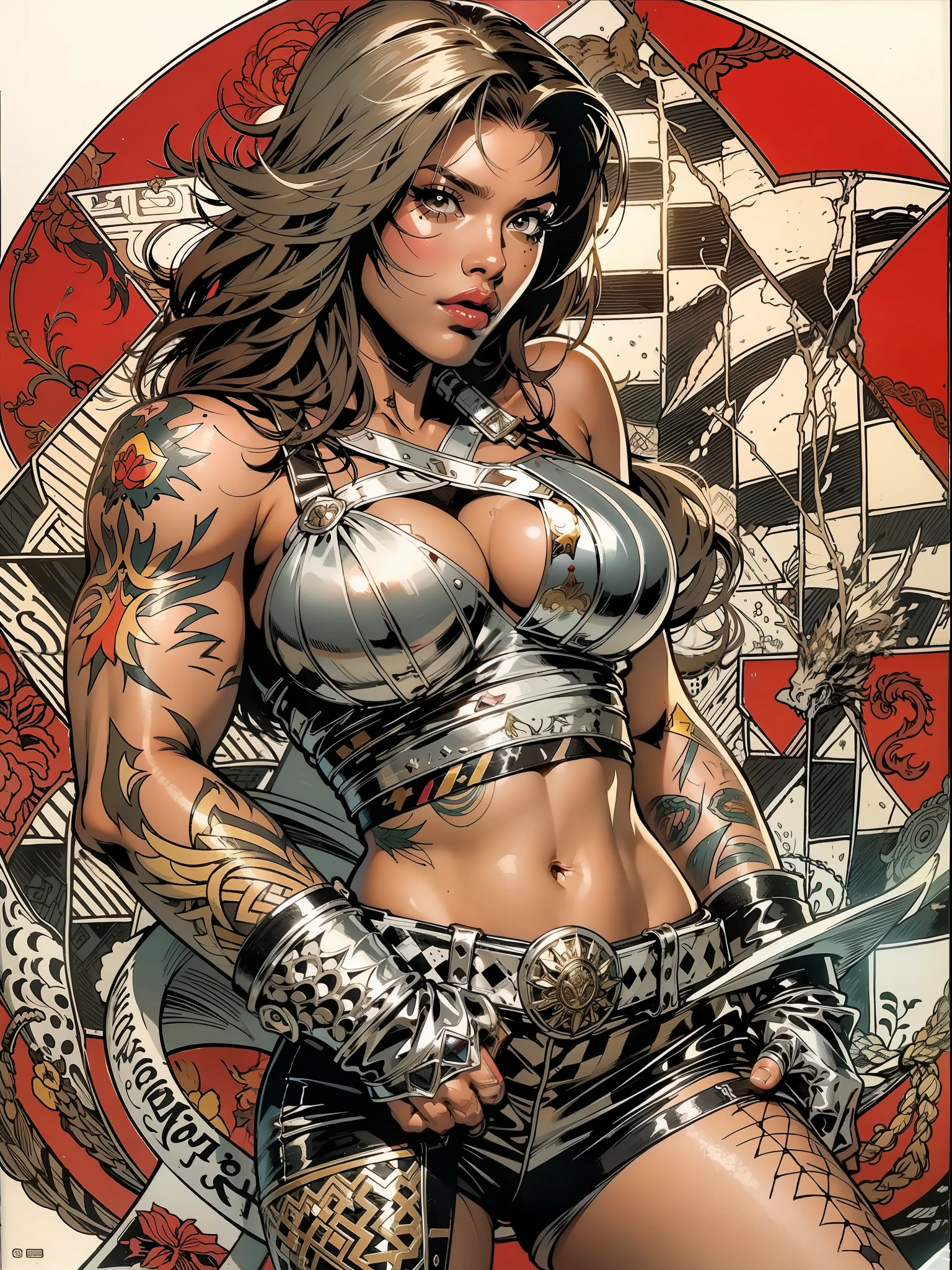 (((mulher))), (((melhor qualidade))), (((obra prima))), (((adulta))), Uma guerreira mulher de 35 anos com corpo perfeito, Brooklyn Gladiators, (( under boobs )), quase nua no estilo selvagem urbano de Simon Bisley para a capa da revista Heavy Metal, cabelo loiro, Minimum clothing, red and white checkered pattern, armadura, cheio de pontas e rebites, tatuagem tribal, (((do joelho pra cima))), cabelo desalinhado