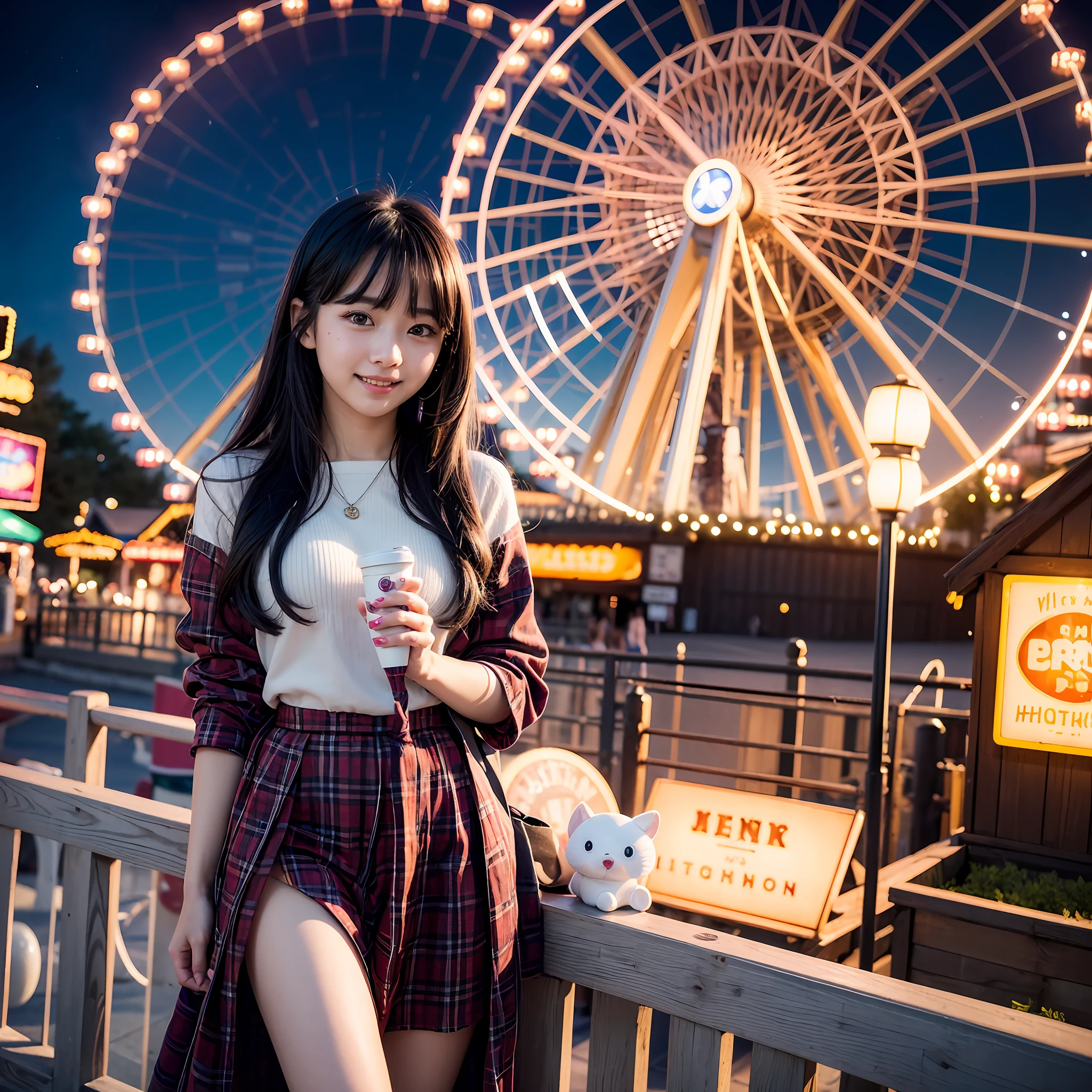 (8K、top-quality、超A high resolution、​masterpiece:1.2)、(Photorealsitic:1.4)、(detailed skins:1.3)、(bokeh dof)、女の子1人、(ulzzang-6500:1.0)、(style-keta: 0.8)、Portrait of cute ite teeautiful Japan girl at 15 years old、Teen、(Detamile、(Night amusement park、Lit up、illuminations)、stas、happiness、lots of balloons、the Ferris wheel、merry-go-round、rollercoaster、Elaborate CG 8K wallpapers、dynamic ungle、beautiful  lighting、profetional lighting、(foco nítido)