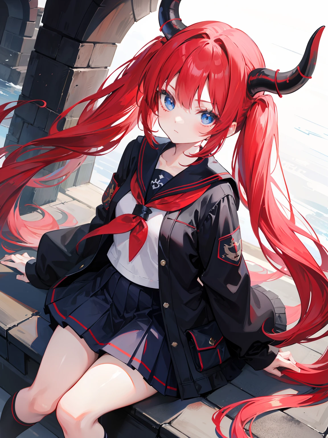 red hair, blue eyes, twintails, Sailor suit,black coat, Dragon horns,Pleated skirt,solo,,cute,bow