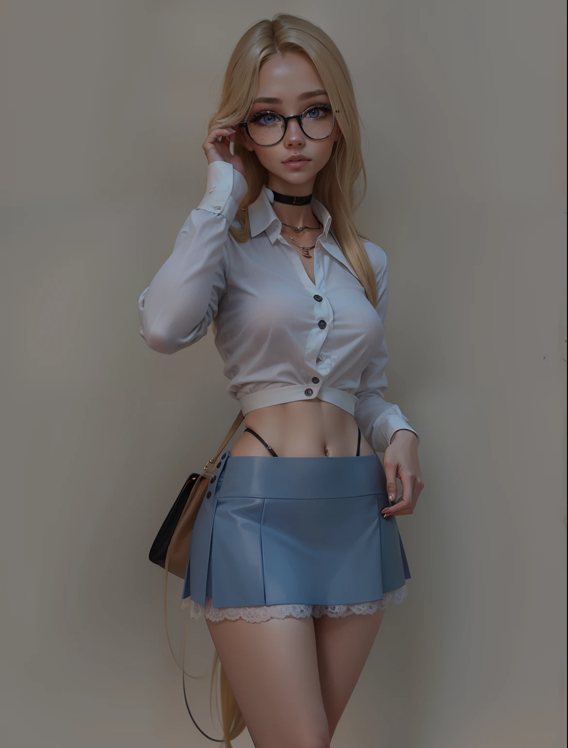 Blonde, skinny, glasses, brown eyes, black choker, white long sleeved shirt, blue skirt, freckles