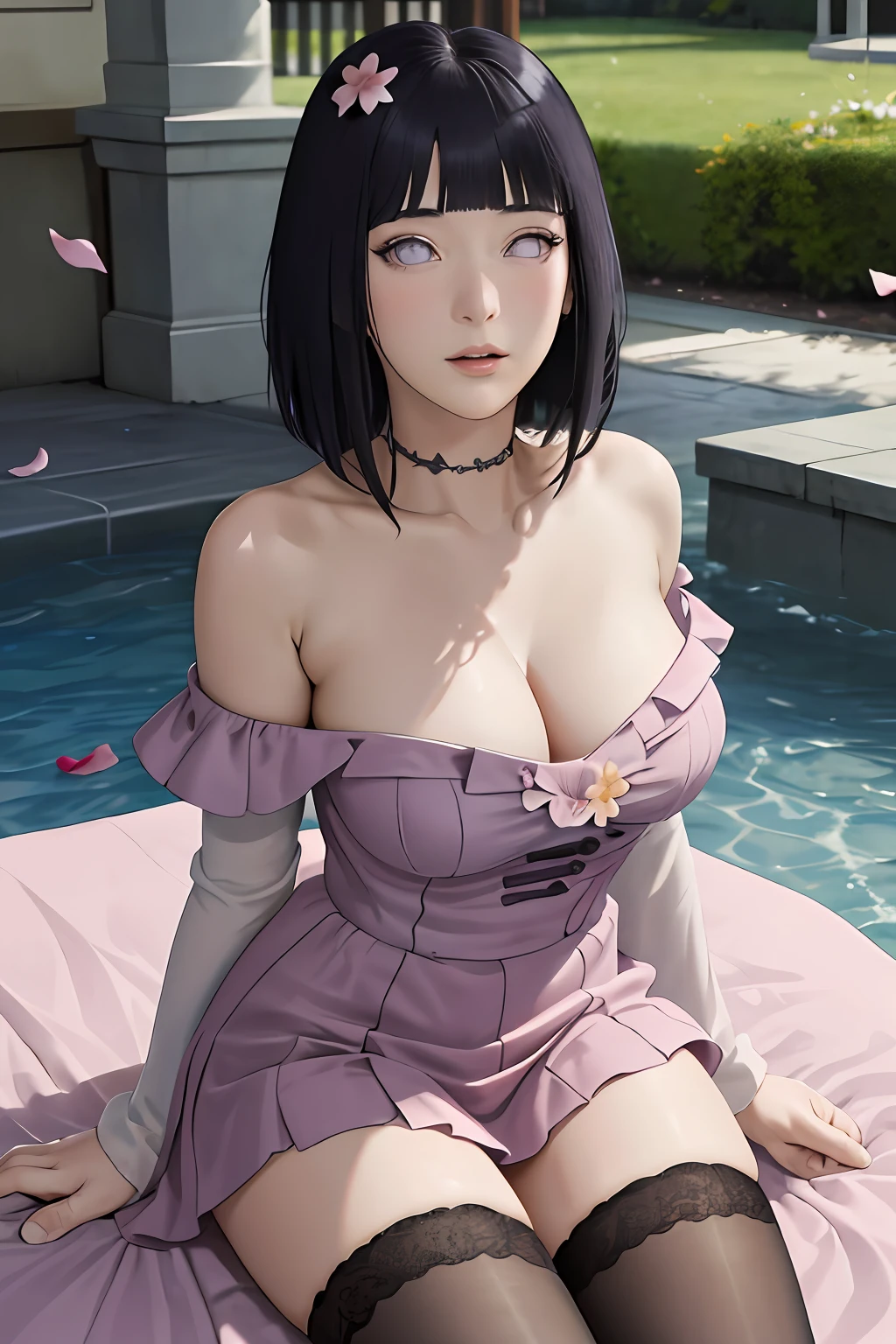 masterpiece, absurdres, hinata hyuga, 1girl, solo,mature female, dress floral off shoulder, looking at viewer, (falling petals), perfect composition, detailed lips, big breast, beautiful face, body propotion, blush, (pink lips), long hair, purple eyes, soft gaze, super realistic, detailed, photoshoot, realistic face and body, sexual expression, seductive expression, thighhighs