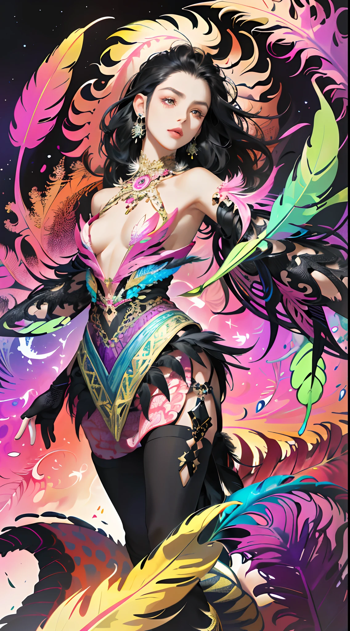 (absurdres, highres, ultra detailed), 1girl, solo, black hair, extremely detailed eyes, (official art, beautiful and aesthetic:1.2), (fractal art:1.3), colorful, highest detailed, (zentangle:1.2), (dynamic pose), (abstract background:1.3), (shiny skin), (many colors:1.4), ,(earrings:1.4), (feathers:1.4)