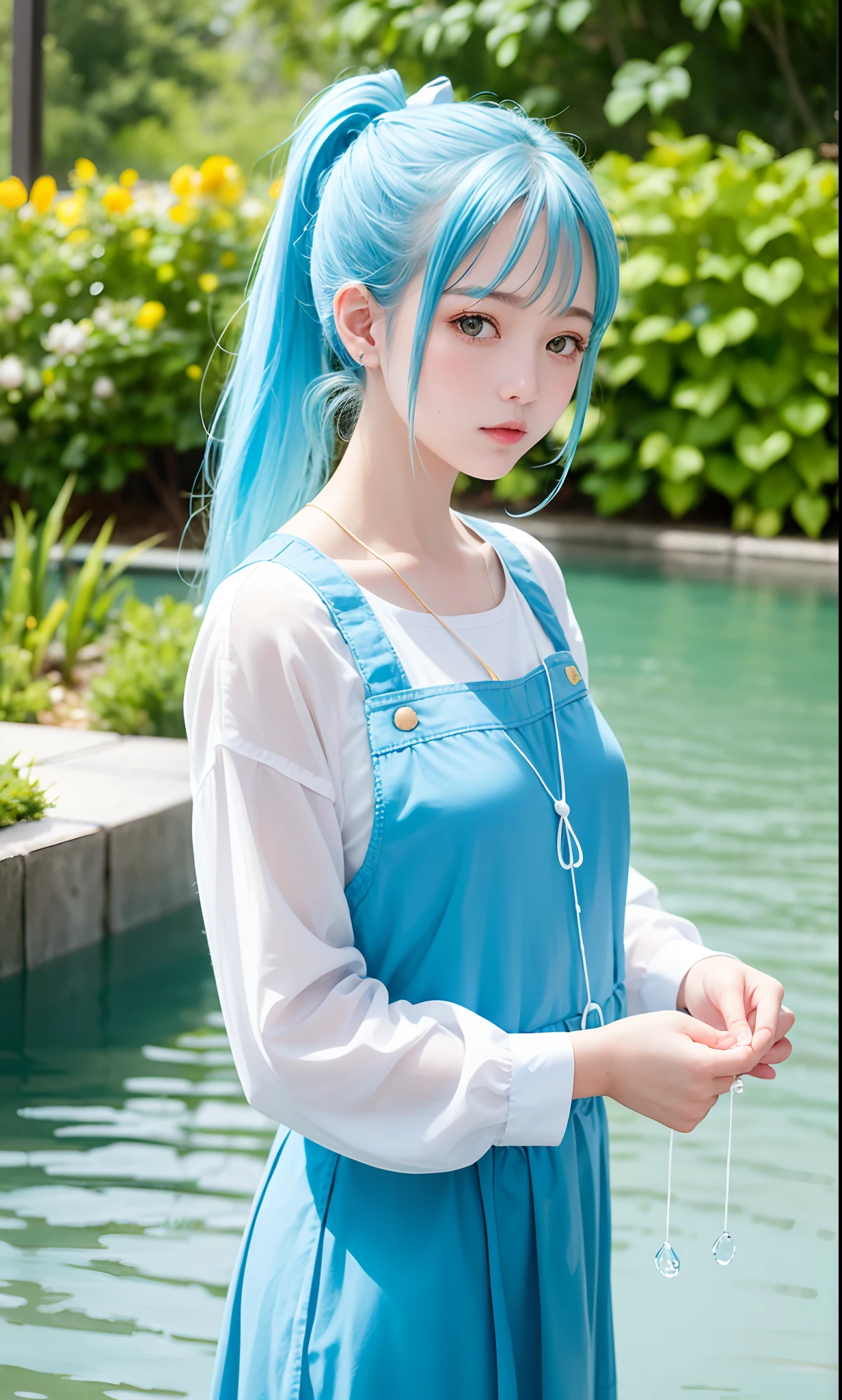 Against the background of the element of water,Light blue double ponytail hair,Yellow bells hang from his hair,Blue and white clothes with milk,Cute cute girl