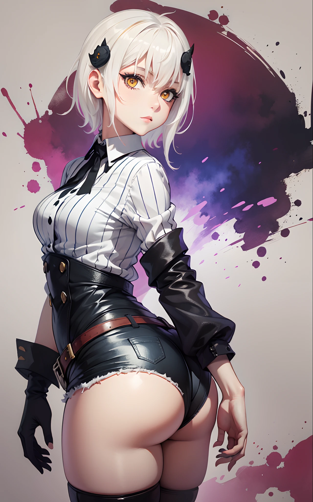 masterpiece, short shorts, masterpiece, best quality, highres, dark persona, watercolor painting theme, (looking at the viewer: 1.1), wide hips, big ass, standing, bent, tojou koneko, yellow eyes, white hair, short hair, hair ornament, white shirt, black ribbon on the neck, tattoo on the abdomen, lust tattoo,