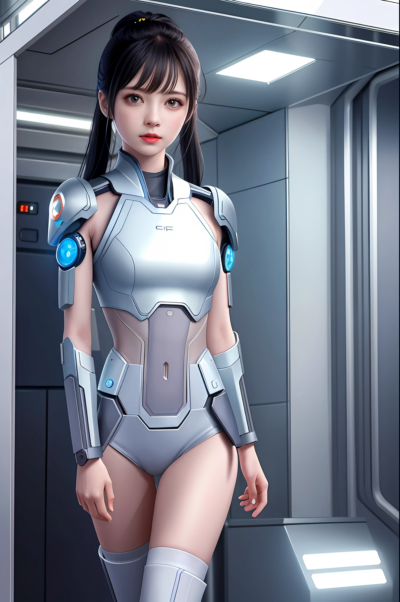 Dystopian, [sci-fi], High Detail RAW color Photo, Full Shot, of (cute female arterial intelligence, cybernetic enhancements), indoors, standing, (inside cryogenic chamber, in advanced cyberpunk research facility), toned physique, (small perky breasts, normal, large ass, (pale skin), (cybernetic implants:1.2), (augmentations), (cyborg:1.1), (detailed skin, diffused skin pores), silicone, metal, (highly detailed, fine details, intricate), (lens flare:0.4), (bloom:0.4), diffused soft lighting, raytracing, shallow depth of field, (Oliver Wetter), photographed on a Canon EOS 5D, 90mm micro lens, f/8, sharp focus, smooth, cinematic film still from Blade Runner 2049, [Cyberpunk:Dieselpunk:0.25]