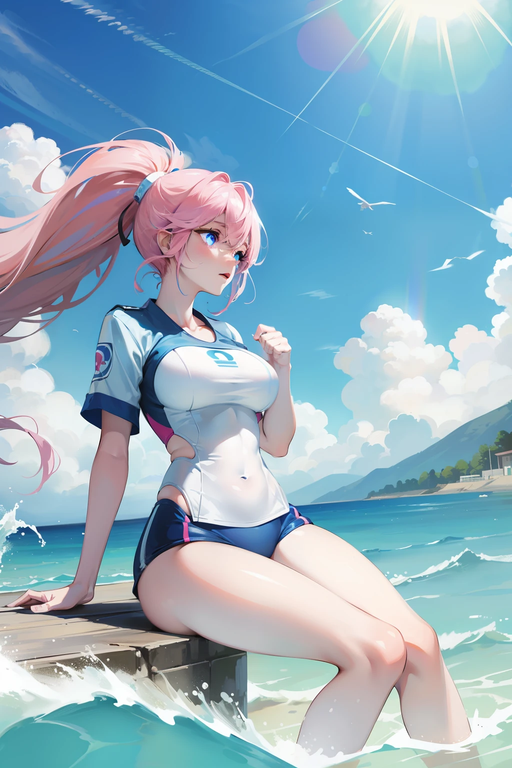 Blue clothes，white skinned，Pink hair，High ponytail，Light blue eyes，Need，big breasts beautiful，swimming uniform，sea beach