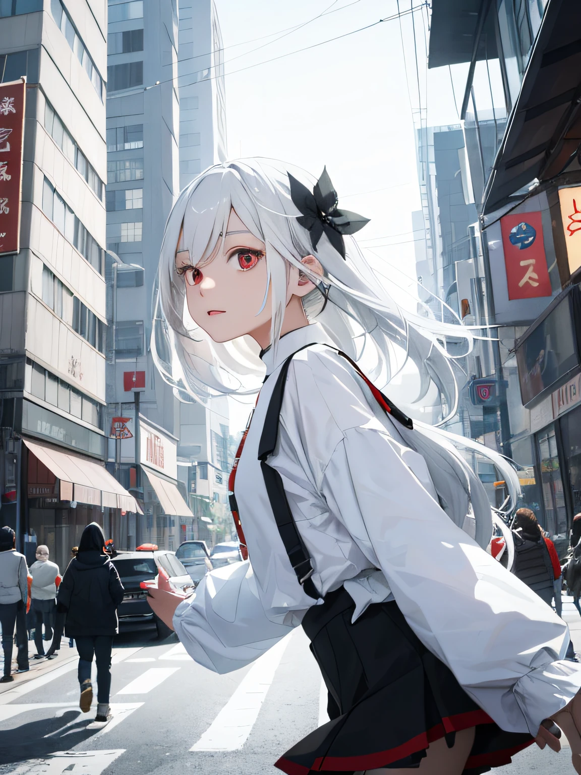 A high resolution,ultra - detailed,(1. Girl with white hair, red eyes, short skirt, long hair), sunder ,Create minimalist designs,with clean lines,Simple shape,Focus on composition and balance。 sunder ,Capture an agent of chaos,Has to disrupt order、The power to spread chaos and thrive in unpredictable situations。 sunder ,Capture low-light images,Lighting is minimal,And focus on the subtle details and atmosphere of the scene。 sunder ,Captures an urban cityscape,With towering buildings、Characterized by bustling streets and a vibrant atmosphere。 sunder ,Create a scene where children play,capturing their innocence、vibrancy、A sense of wonder and exploration。 sunder ,,With delicate lines、Flat colors and images inspired by patterns and compositions。