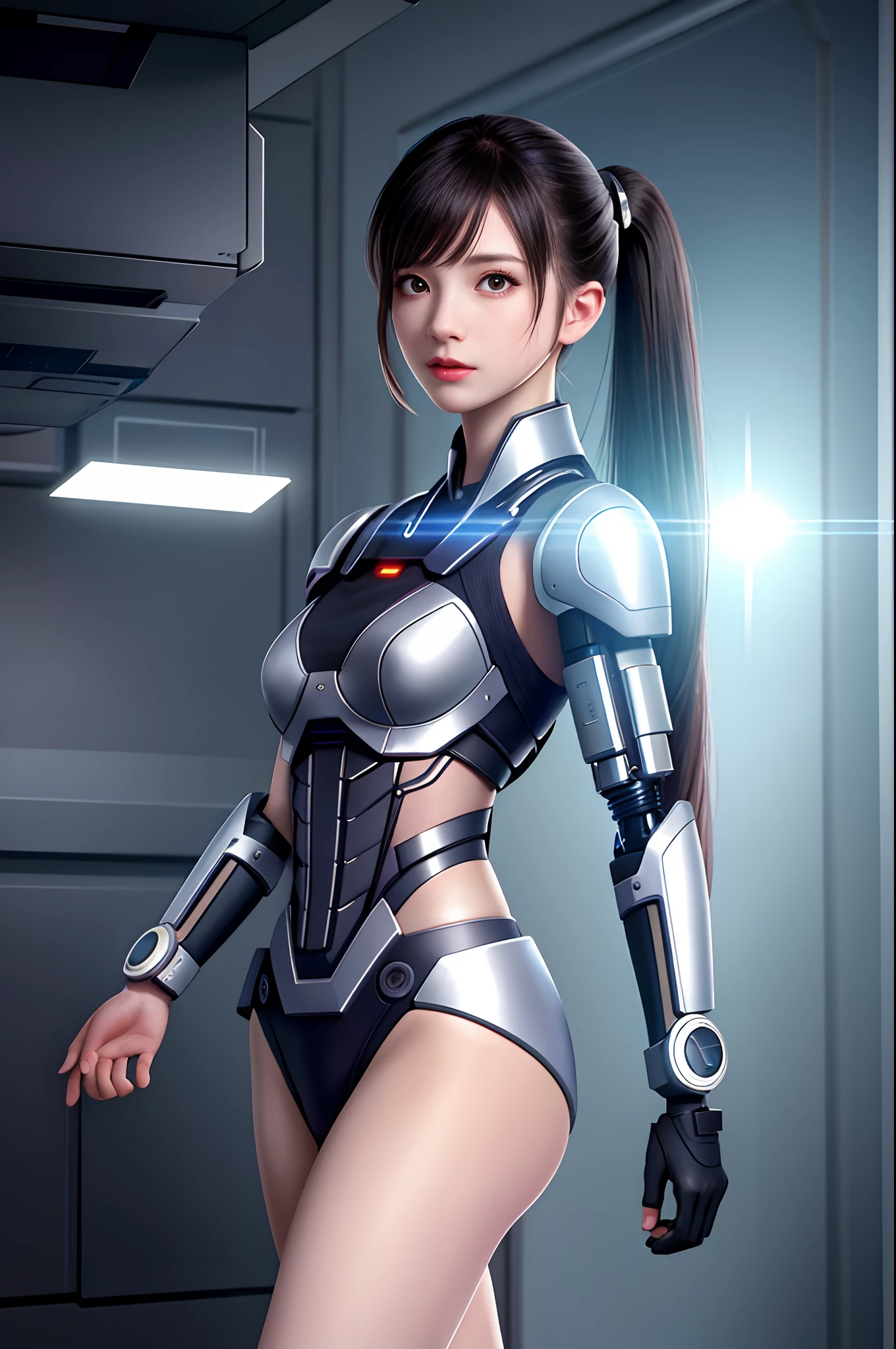 dystopian， [sci-fy]， High-detail RAW color photos， full-shot， 's （cute female arterial intelligence， cybernetically enhanced）， inside in room， standing on your feet， （In a cryogenic chamber， In state-of-the-art cyberpunk research institutes）， Toned physique， （Small lively breasts， Normal， big assa，pony tails （paleskin）， （cybernetic implants：1.2）， （enhancer）， （cyborg people：1.1）， （Detailed skins， Diffuse of skin pores）， silica gel， metals， （highly  detailed， finedetail， 复杂）， （lens flare glow：0.4）， （flood：0.4），diffused soft lighting，Ray traching，shallowdepthoffield，（Oliver Waite），taken on a Canon EOS 5D，90mm micro lens，f / 8，Clear focal length，Smoothness，Motion picture film，A scene from the《Blade Runner 2049》，[cyber punk perssonage：Dieselpunk：0.25]