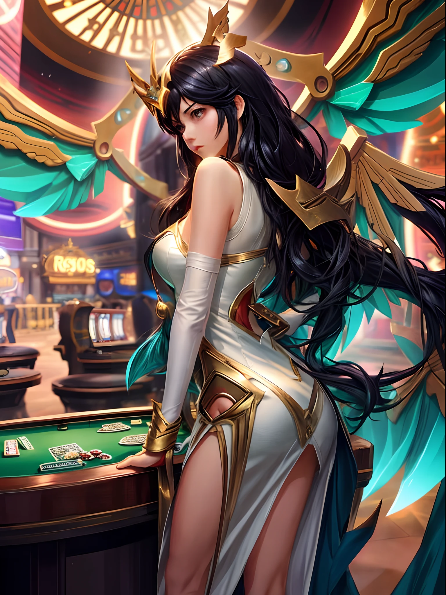 ross tran style, ross tran 8 k, guweiz on pixiv artstation, extremely detailed artgerm, guweiz on artstation pixiv, artgerm on artstation pixiv, 1girl, solo, long hair, black hair, hair ornament, dress, big breasts, full body, outdoors, mechanical wings, ((hyper realistic, casino background))