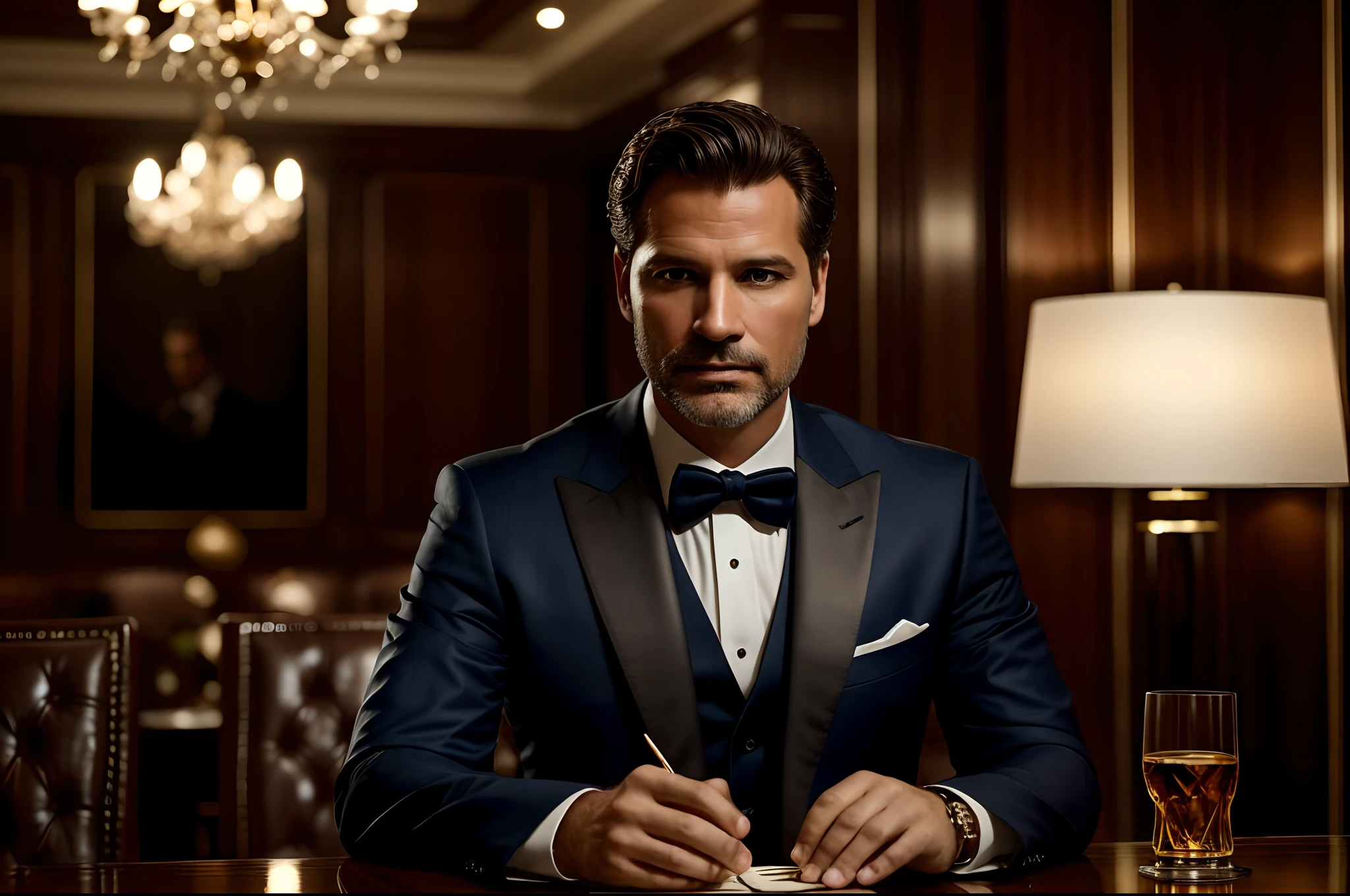 Generate an incredibly realistic and photographic 8k image with a 4:3 aspect ratio. The focal point of the image should be a handsome, middle-aged businessman exuding success and confidence. He should be impeccably dressed in a finely tailored suit, seated at a lavish table within a luxurious restaurant. The scene should showcase opulence, with stacks of money ostentatiously displayed around him. Captivate the atmosphere of sophistication as he enjoys a glass of whiskey in this high-end setting.