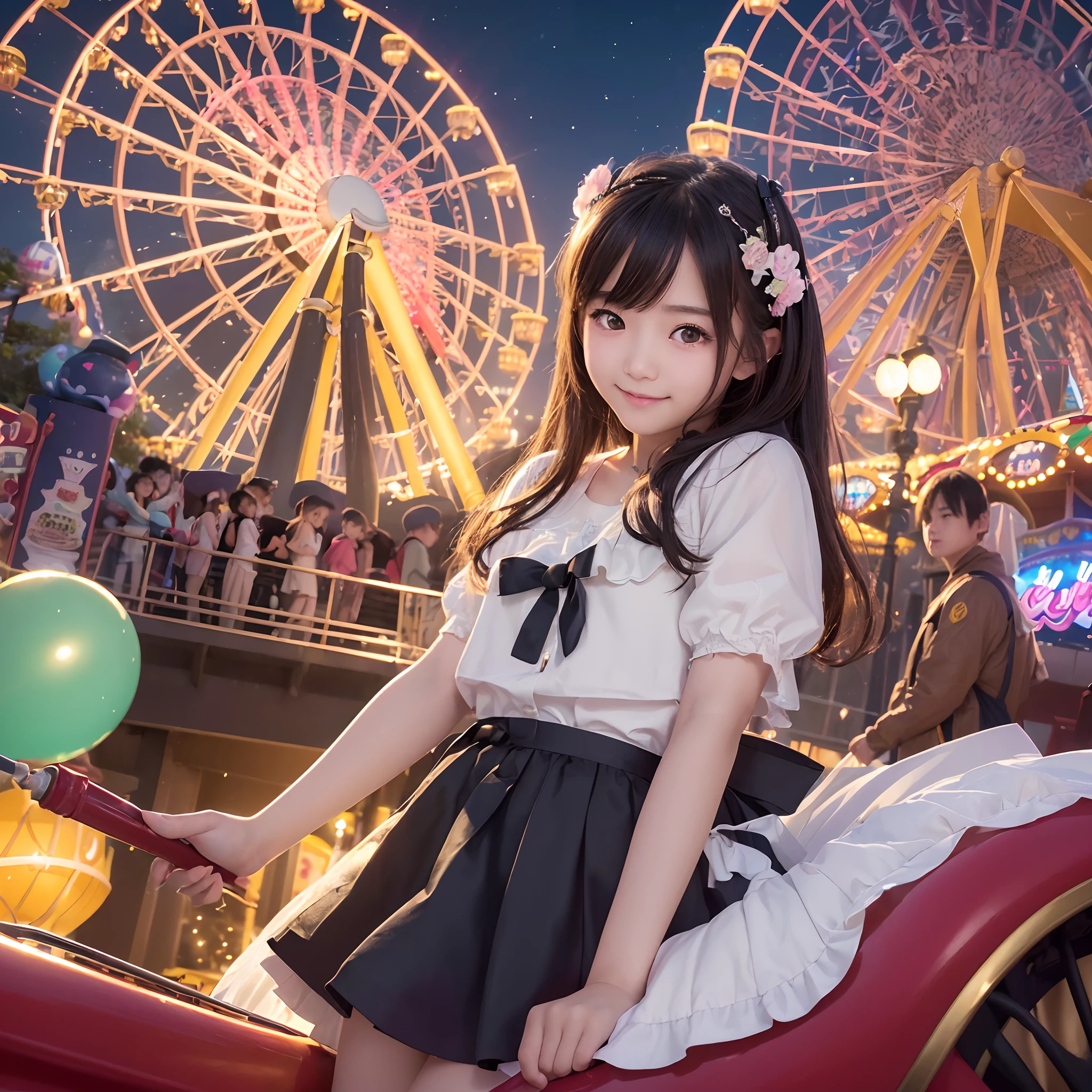 (8K、top-quality、超高分辨率、masterpiece:1.2)、(真实感:1.4)、(Detailed skins:1.3)、(bokeh dof)、1 girl、(ulzzang-6500:1.0)、(Style - Keita: 0.8)、Portrait of cute petite 15 year old teen、Beautiful Japanese girl aged 15、Teenage uncensored、(Detail Eye) 、A smile、(Amusement park at night、lit up、Lighting)、Stas、blissful、a lot of balloons、he Ferris wheel、carousel horses、roller coasters、Exquisite CG 8K wallpaper、Dynamic Unger 、beautiful light up、profesional lighting、(tack sharp focus)
