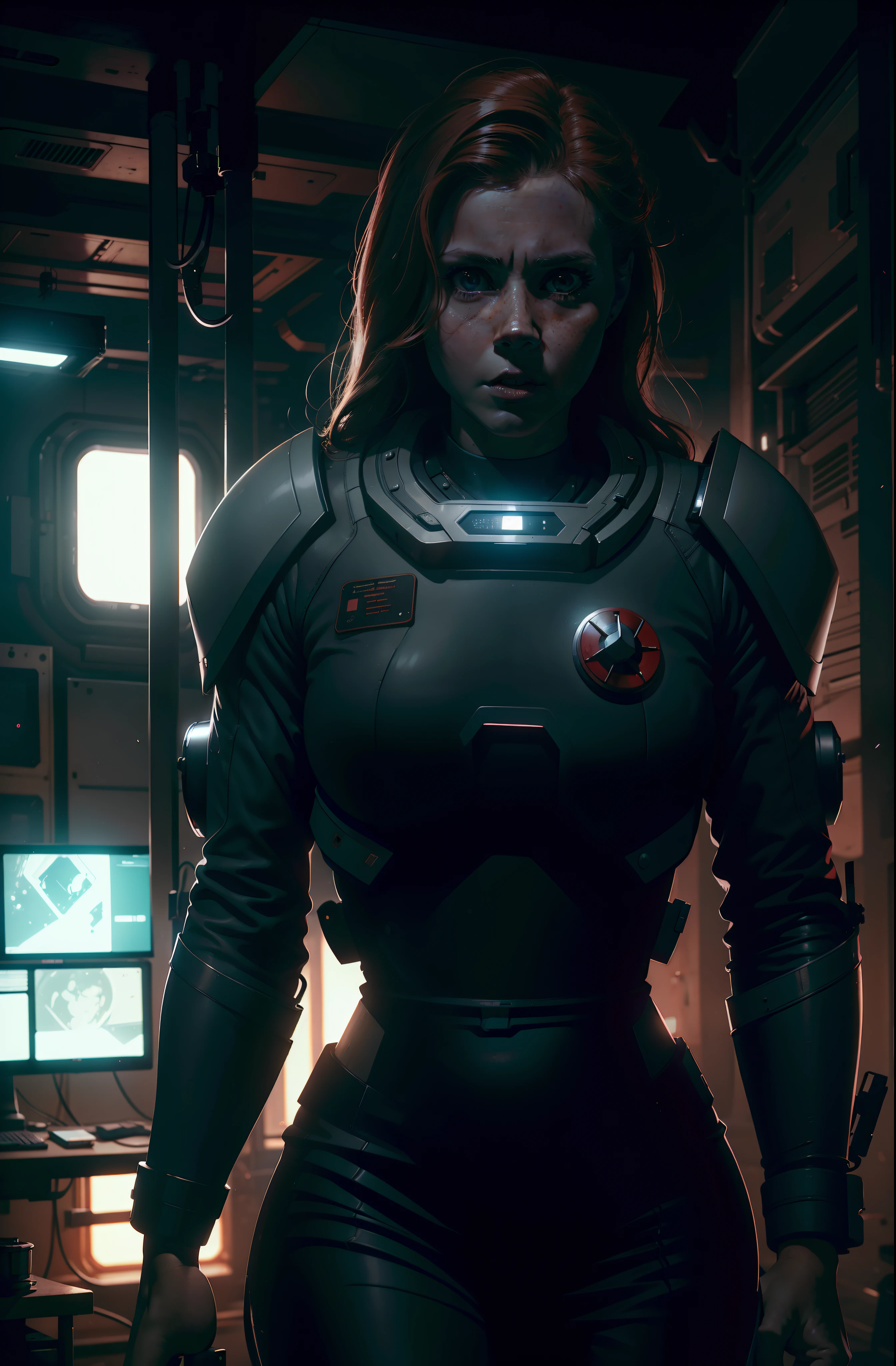 Hot Amy Adams as a Medic on Ishimura Horror Space Ship in sci fi lab photography, natural light, photorealism, cinematic rendering, ray tracing, the highest quality, the highest detail, Cinematic, Third-Person View, Blur Effect, Long Exposure, 8K, Ultra-HD, Natural Lighting, Moody Lighting, Cinematic Lighting