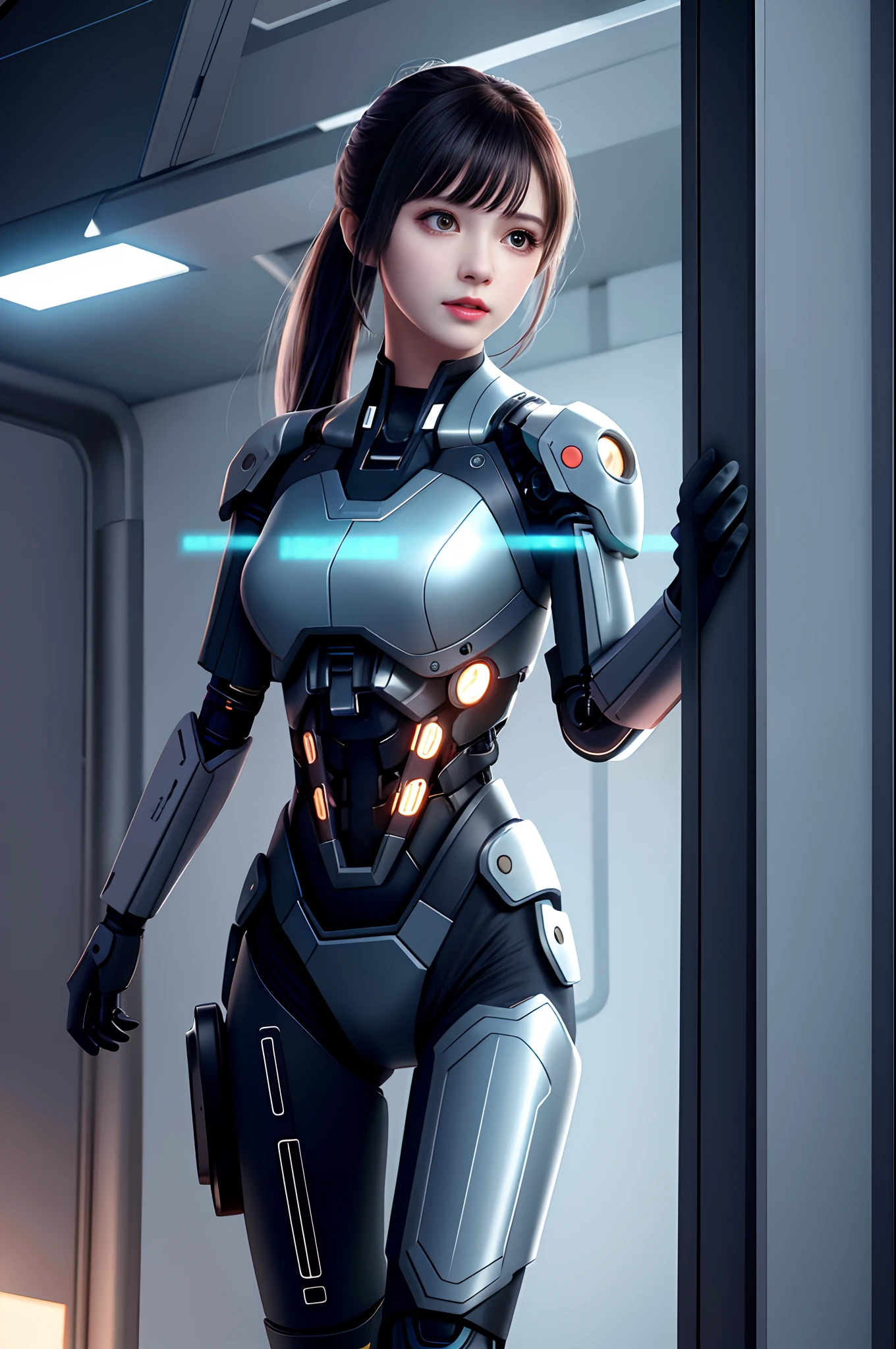 dystopian， [sci-fy]， High-detail RAW color photos， full-shot， 's （cute female arterial intelligence， cybernetically enhanced）， inside in room， standing on your feet， （In a cryogenic chamber， In state-of-the-art cyberpunk research institutes）， Toned physique， （Small lively breasts， Normal， big assa，pony tails （paleskin）， （cybernetic implants：1.2）， （enhancer）， （cyborg people：1.1）， （Detailed skins， Diffuse of skin pores）， silica gel， metals， （highly  detailed， finedetail， 复杂）， （lens flare glow：0.4）， （flood：0.4），diffused soft lighting，Ray traching，shallowdepthoffield，（Oliver Waite），taken on a Canon EOS 5D，90mm micro lens，f / 8，Clear focal length，Smoothness，Motion picture film，A scene from the《Blade Runner 2049》，[cyber punk perssonage：Dieselpunk：0.25]