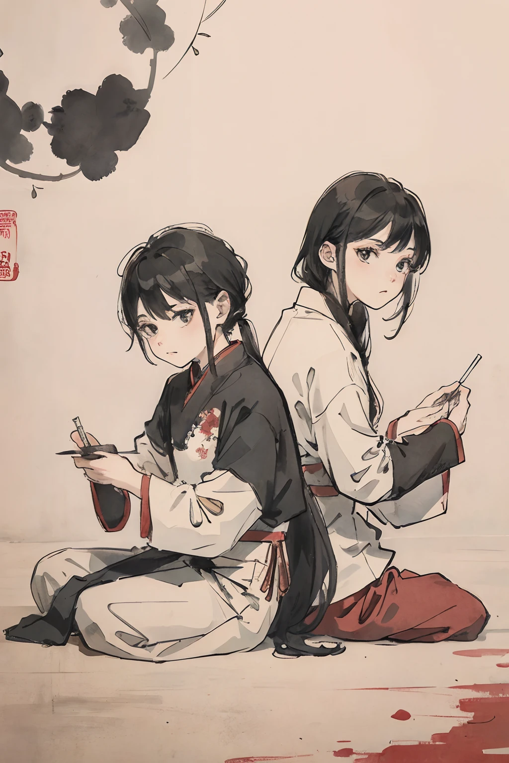 (masterpiece, best quality: 1.2), traditional Chinese ink painting, two children