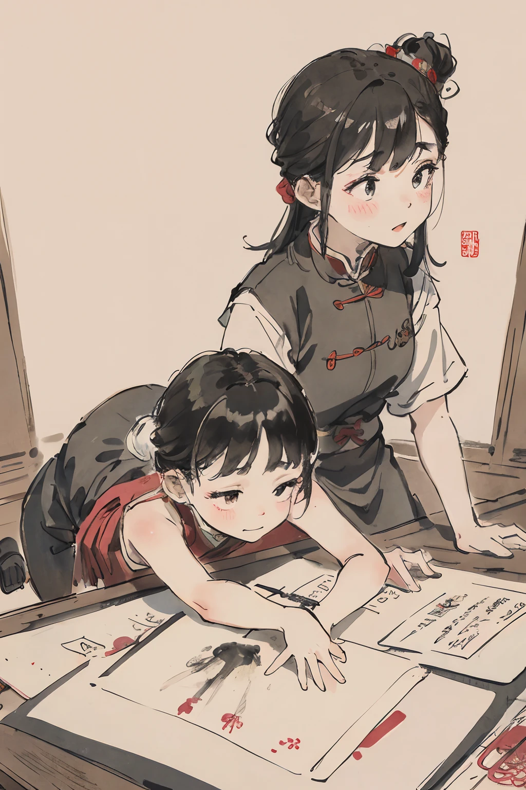 (masterpiece, best quality: 1.2), traditional Chinese ink painting, two children