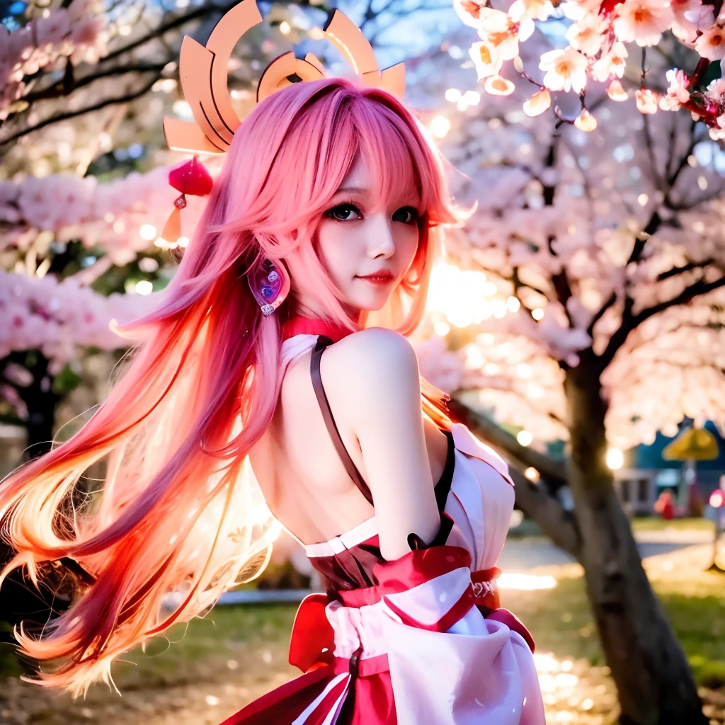 Best quality, 超高分辨率, (Photorealistic:1.4), 1girll, , Small breast,Pink , Black choker, Smile, Bare shoulders, solofocus, view the viewer,Fair skin,Sunset,cherry tree,photon maping, Physically-based rendering, RAW photo, highly detailed back ground,Kpop idol,Depth of field,Torii,Cherry blossoms,hair adornments,Detailed face,Shiny skin,Game CG,full bodyesbian,