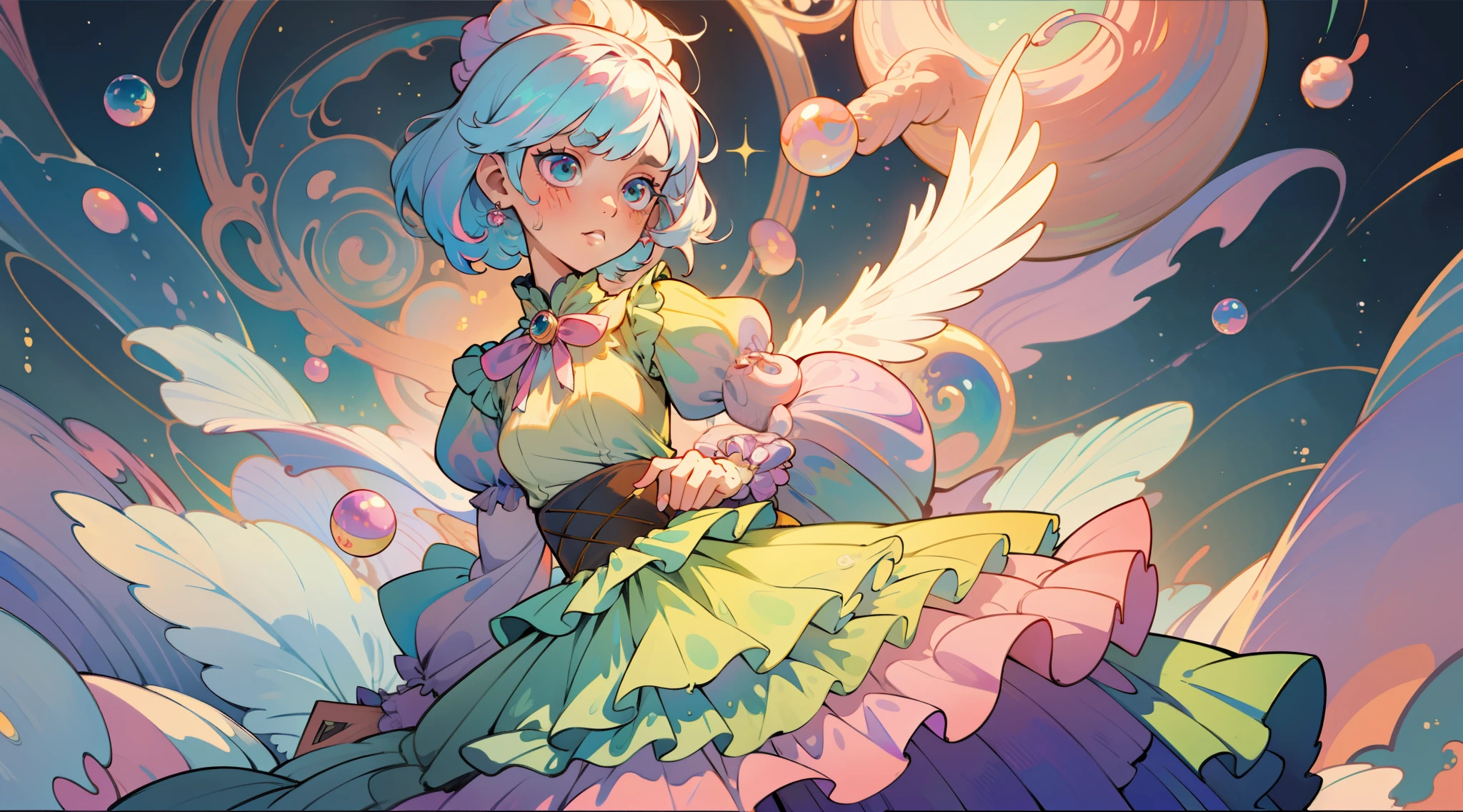 masterpiece, best quality, 8k resolution, sharp focus, intricate detail, beautiful girl, sparkling eyes, golden ratio face, otherworldly liquid, watercolor, pastel colors, bright colors, whimsical, colorful, sharp focus, high resolution, fine detail, ((layered tiered puffy long sleeves ballgown)), ((round eyes)), iridescent bubbles, fantasia background