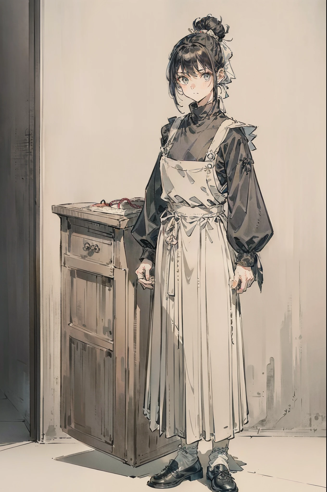 (A 14-year-old girl)+(Old turtleneck shirt+Light gray color+Pleats)+(Dark gray dress+Simple style+No flashy decorations)+(aprons+greys/Light+lacing/Embroidery)+(leather shoes+Plain style+black in color)+(hair-bun+White bandana to tie hair),Whole body diagram,standing on your feet