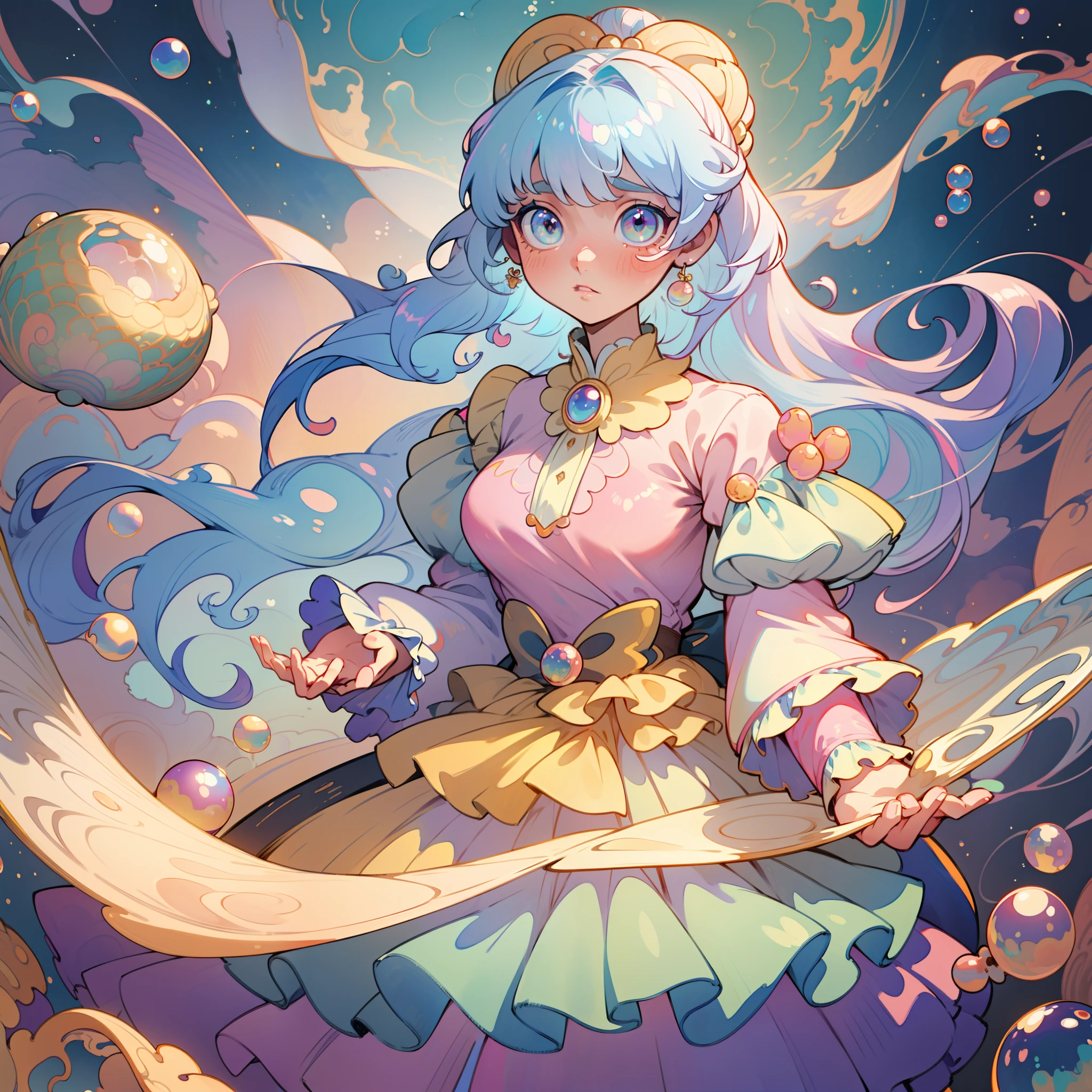 masterpiece, best quality, 8k resolution, sharp focus, intricate detail, beautiful girl, sparkling eyes, golden ratio face, otherworldly liquid, watercolor, pastel colors, bright colors, whimsical, colorful, sharp focus, high resolution, fine detail, ((layered tiered puffy long sleeves ballgown)), ((round eyes)), iridescent bubbles, fantasia background