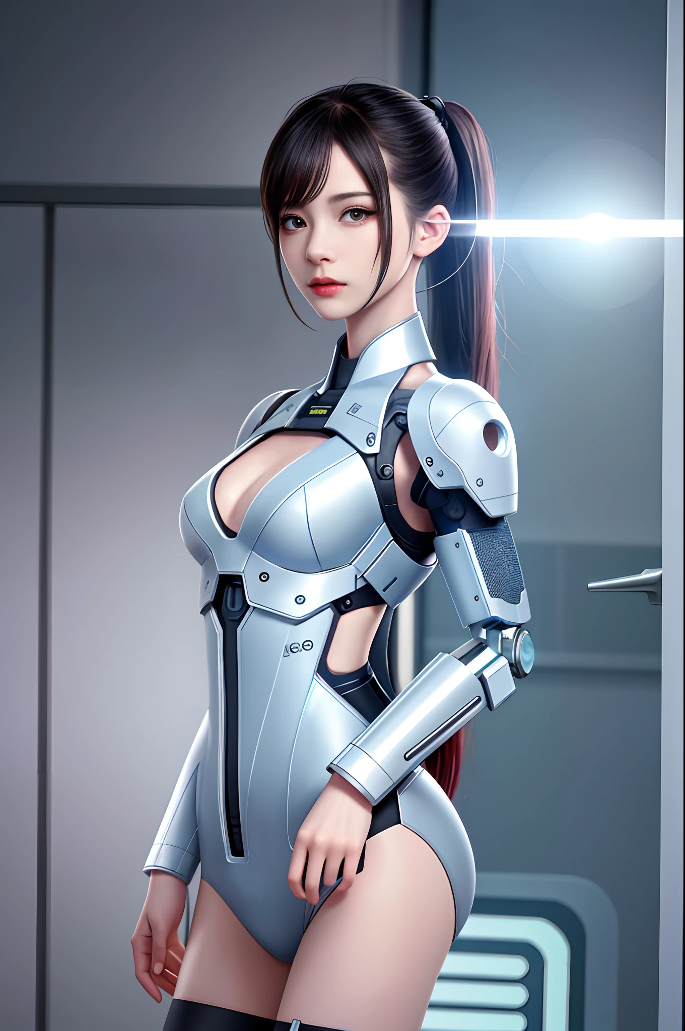 dystopian， [sci-fy]， High-detail RAW color photos， full-shot， 's （cute female arterial intelligence， cybernetically enhanced）， inside in room， standing on your feet， （In a cryogenic chamber， In state-of-the-art cyberpunk research institutes）， Toned physique， （Small lively breasts， Normal， big assa，pony tails （paleskin）， （cybernetic implants：1.2）， （enhancer）， （cyborg people：1.1）， （Detailed skins， Diffuse of skin pores）， silica gel， metals， （highly  detailed， finedetail， 复杂）， （lens flare glow：0.4）， （flood：0.4），diffused soft lighting，Ray traching，shallowdepthoffield，（Oliver Waite），taken on a Canon EOS 5D，90mm micro lens，f / 8，Clear focal length，Smoothness，Motion picture film，A scene from the《Blade Runner 2049》，[cyber punk perssonage：Dieselpunk：0.25]
