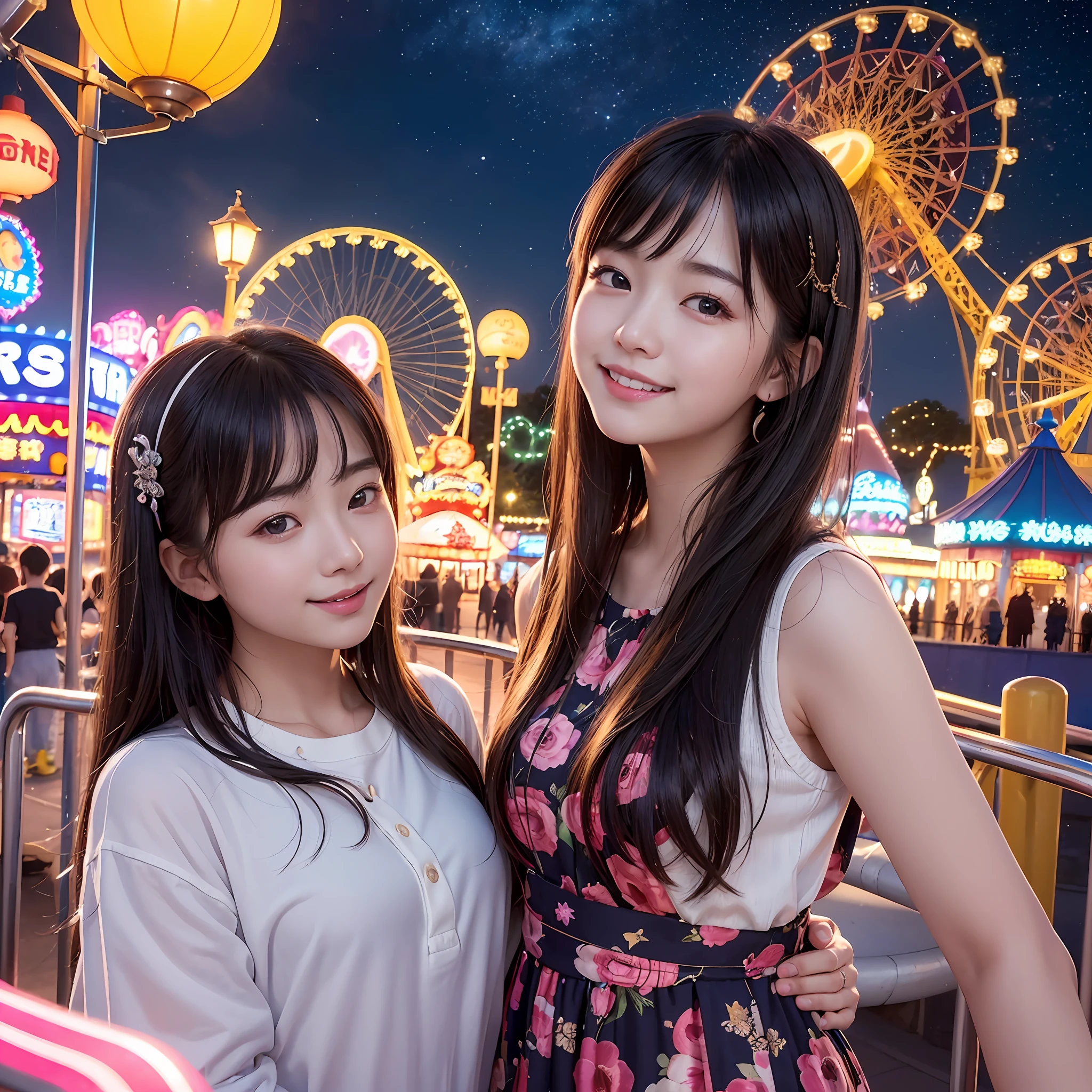 (8K、top-quality、超A high resolution、masterpiece:1.2)、(Photorealsitic:1.4)、(detailed skins:1.3)、(bokeh dof)、女の子1人、(ulzzang-6500:1.0)、(style-keta: 0.8)、Portrait of cute petite teen at 15 years old、Beautiful Japan girl at 15 years old、Teen、(Detail Eye) 、A smile、(Night amusement park、Lit up、illuminations)、stas、Happiness、Lots of balloons、the Ferris wheel、merry-go-round、rollercoaster、Elaborate CG 8K wallpapers、dynamic ungle、beautiful lighting、profetional lighting、(foco nítido)