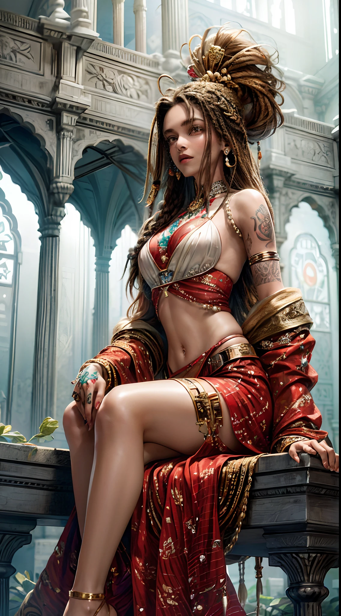 ankymoore, Bottom-up view, 1rapper with dread hair with tattoos, white and red sexy clothes(cameltoe), graffitti background, (masterpiece), (best quality:1.2), absurdres, intricate details, flowers, leaves, roots, deepika