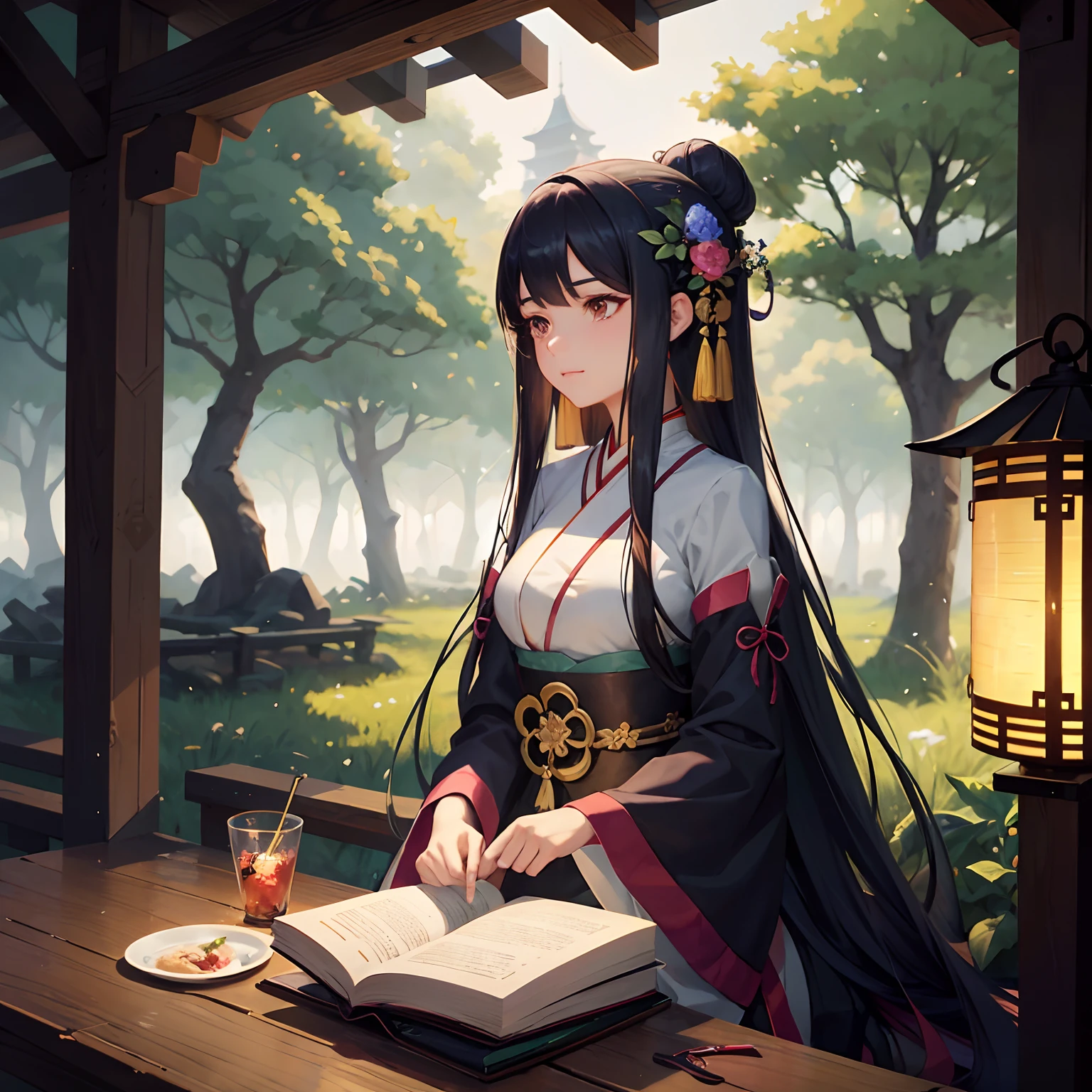 Long-haired girl sitting in forest with a lantern, the night，Bright and colorful Hanfu，Gorgeous Hanfu，Guviz-style artwork, Cute detailed digital art, Digital anime illustration, Fantasy art style, Fanart Meilleure ArtStation, Anime fantasy illustration, Guweiz on ArtStation Pixiv, Guweiz in Pixiv ArtStation, Detailed digital anime art, Loish et WLOP