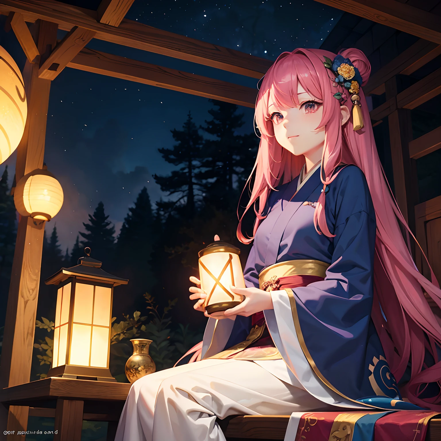 Long-haired girl sitting in forest with a lantern, the night，Bright and colorful Hanfu，Gorgeous Hanfu，Guviz-style artwork, Cute detailed digital art, Digital anime illustration, Fantasy art style, Fanart Meilleure ArtStation, Anime fantasy illustration, Guweiz on ArtStation Pixiv, Guweiz in Pixiv ArtStation, Detailed digital anime art, Loish et WLOP