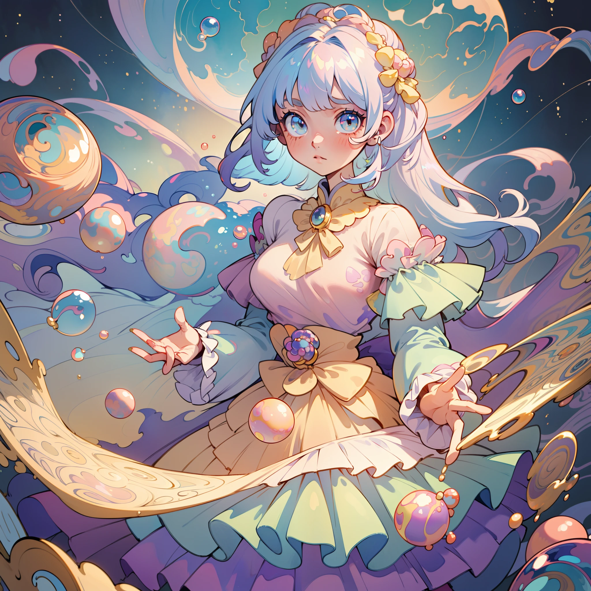masterpiece, best quality, 8k resolution, sharp focus, intricate detail, beautiful girl, sparkling eyes, golden ratio face, otherworldly liquid, watercolor, pastel colors, bright colors, whimsical, colorful, sharp focus, high resolution, fine detail, ((layered tiered puffy long sleeves ballgown)), ((round eyes)), iridescent bubbles, fantasia background