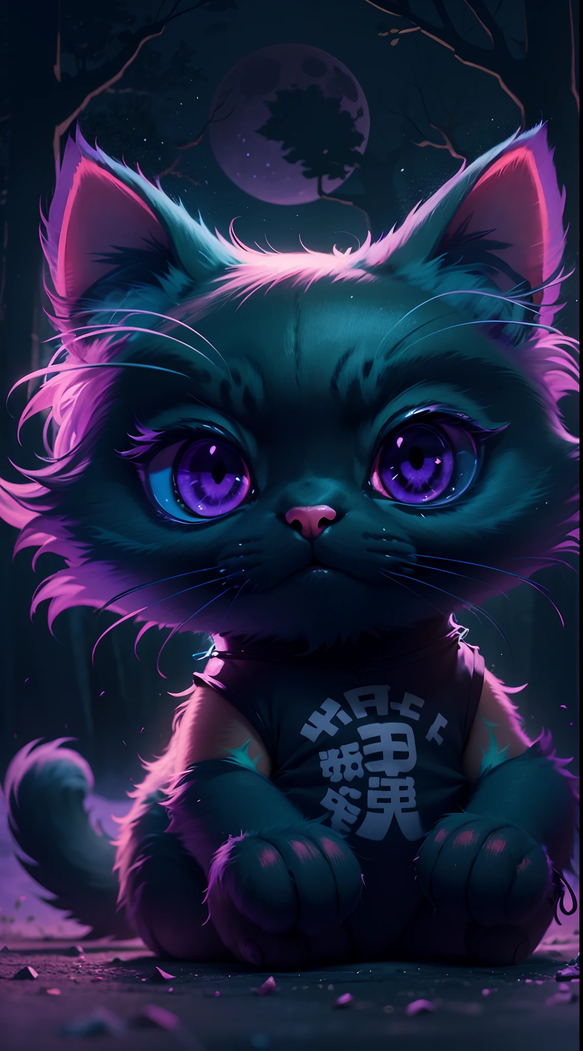 Create a vibrant dark fantasy cute ninja cat in a clean-lined minimalistic cartoon style, in the background a beautiful forest and a bright purple moon, octane render, 8k