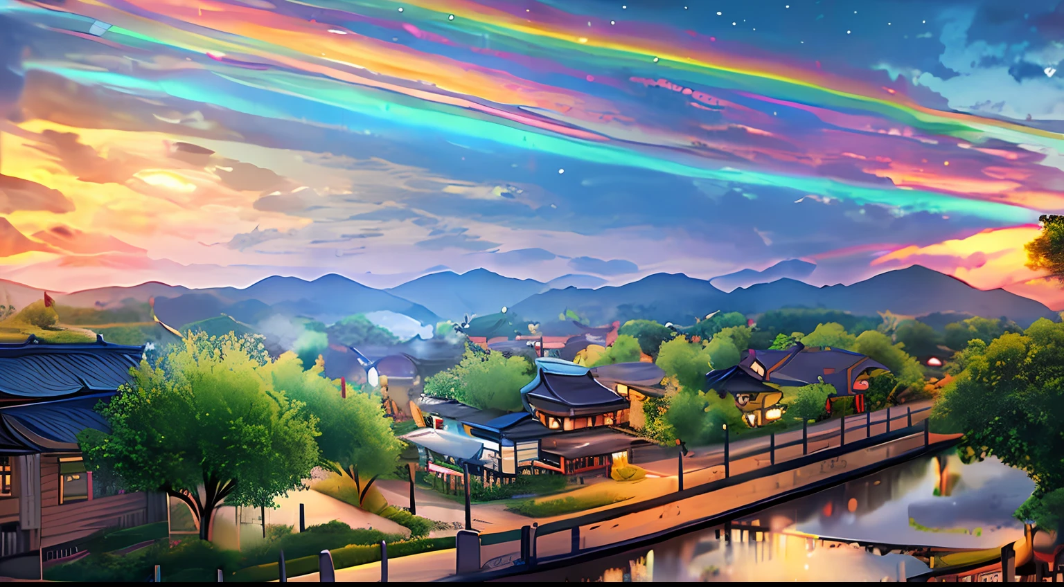 People walk through the streets，There are rainbows in the sky, golden hour in beijing, Faded rainbow light, rainbow in the sky, beijing, Rainbow, baotou china, shaxi, bright rainbow nimbus, author：Liao Zhichun, just one rainbow 8 k, ruanjia, moonbow, SRGB, ; Wide shot, Summer evening