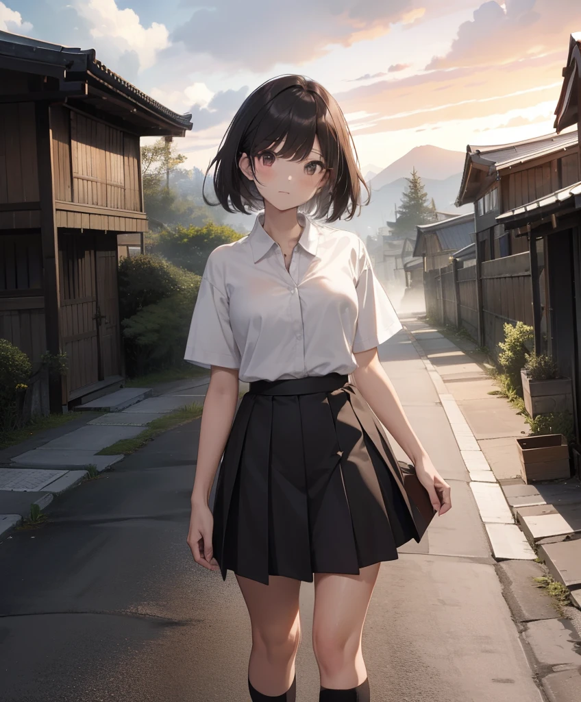 ​masterpiece, top-quality, The ultra -The high-definition, Top resolution, ighly detailed, profetional lighting, Light gray lighting、nostalgic、Old wooden school building、Wooden warehouse、Landscape with Japan wooden house、Style、emotive、Ancient Minjia、pine trees、View of the sunset sky、steam、myst、White sigh、Full Body Pose、Girl blends into the landscape、Beautuful Women, a small face、de pele branca、a very cute, 、Steam from the body、myst、(Black-brown hair, midiam)、(Short sleeve cutter shirt、White button shirt、The chest is open)、thin and long legs、Beautiful hip line、Beautiful spine、constricted back、Toned waist、Black underwear、JK Black Skirt 、pleatedskirt、Hip line emphasis、Black socks、Shoes are loafers、Brown eyes,The face is a little red, beutiful breast、Breast is an A cup、