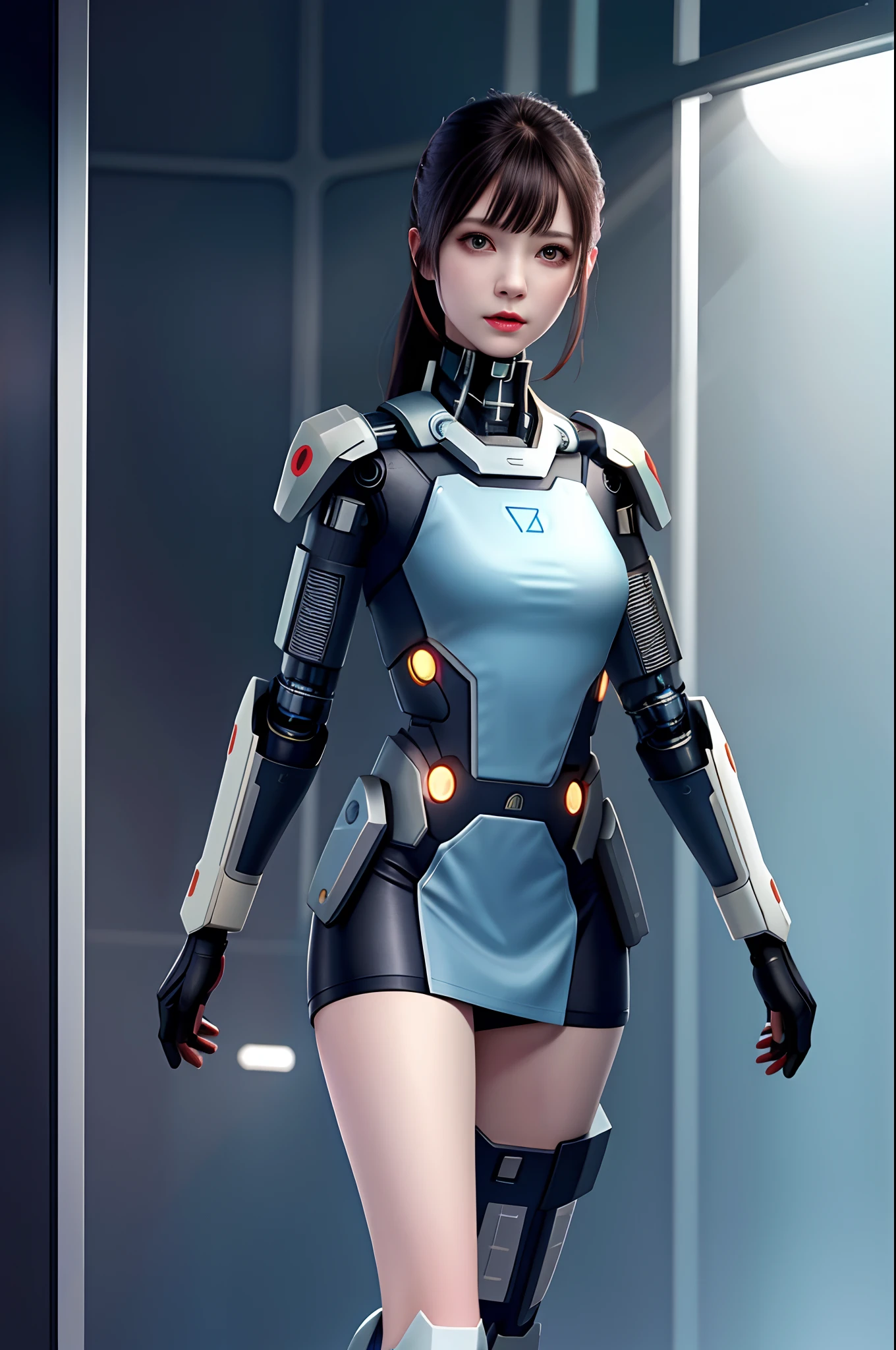 dystopian， [sci-fy]， High-detail RAW color photos， full-shot， 's （cute female arterial intelligence， cybernetically enhanced）， inside in room， standing on your feet， （In a cryogenic chamber， In state-of-the-art cyberpunk research institutes）， Toned physique， （Small lively breasts， Normal， big assa，pony tails （paleskin）， （cybernetic implants：1.2）， （enhancer）， （cyborg people：1.1）， （Detailed skins， Diffuse of skin pores）， silica gel， metals， （highly  detailed， finedetail， 复杂）， （lens flare glow：0.4）， （flood：0.4），diffused soft lighting，Ray traching，shallowdepthoffield，（Oliver Waite），taken on a Canon EOS 5D，90mm micro lens，f / 8，Clear focal length，Smoothness，Motion picture film，A scene from the《Blade Runner 2049》，[cyber punk perssonage：Dieselpunk：0.25]