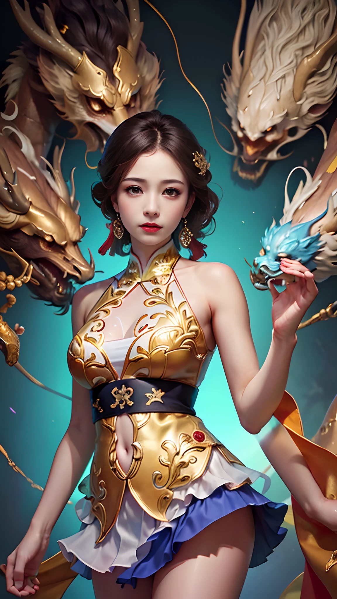 Official Art, Unified 8K Wallpapers, Ultra Detailed, Beautiful and Aesthetic, Masterpiece, Best Quality, (Zentangle, Tangle, Entangle), (fractal art: 1.4), 1girl, black hair, Chinese, bare shoulders, short skirt, calf, navel, very detailed, dynamic angle, cowboyshot, (most beautiful form chaos), flowing, (bright colors), oc, (half: 1.2), china, (thangka flying sky: 1.5), (ribbon: 1.3), (dream: 1.5), (hanfu: 1.5), Chinese dragon, Chinese phoenix, (smile: 0.5), (Chinese deity),