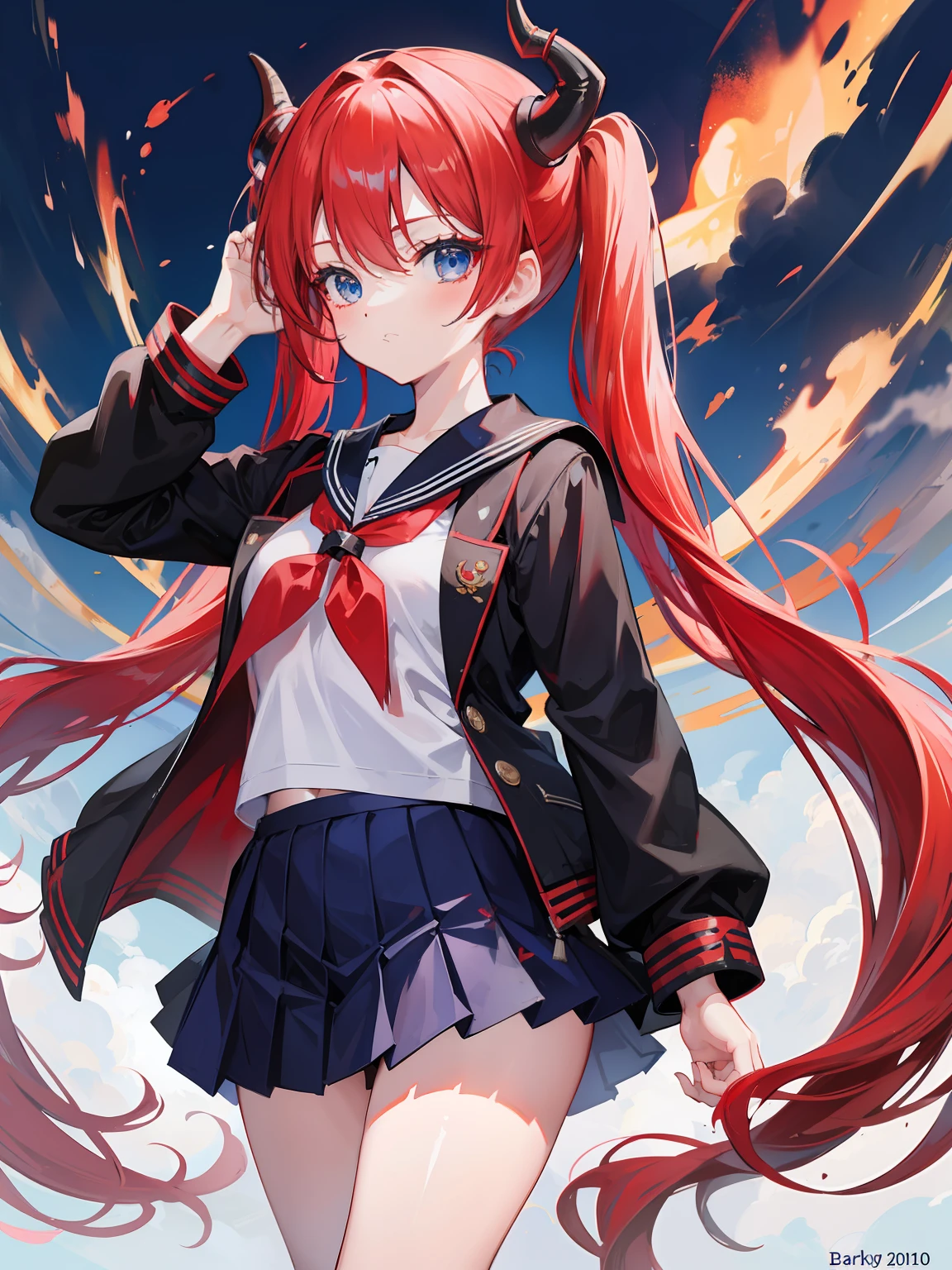red hair, blue eyes, twintails, Sailor suit,black coat, Dragon horns,Pleated skirt,solo,loli,cute,bow