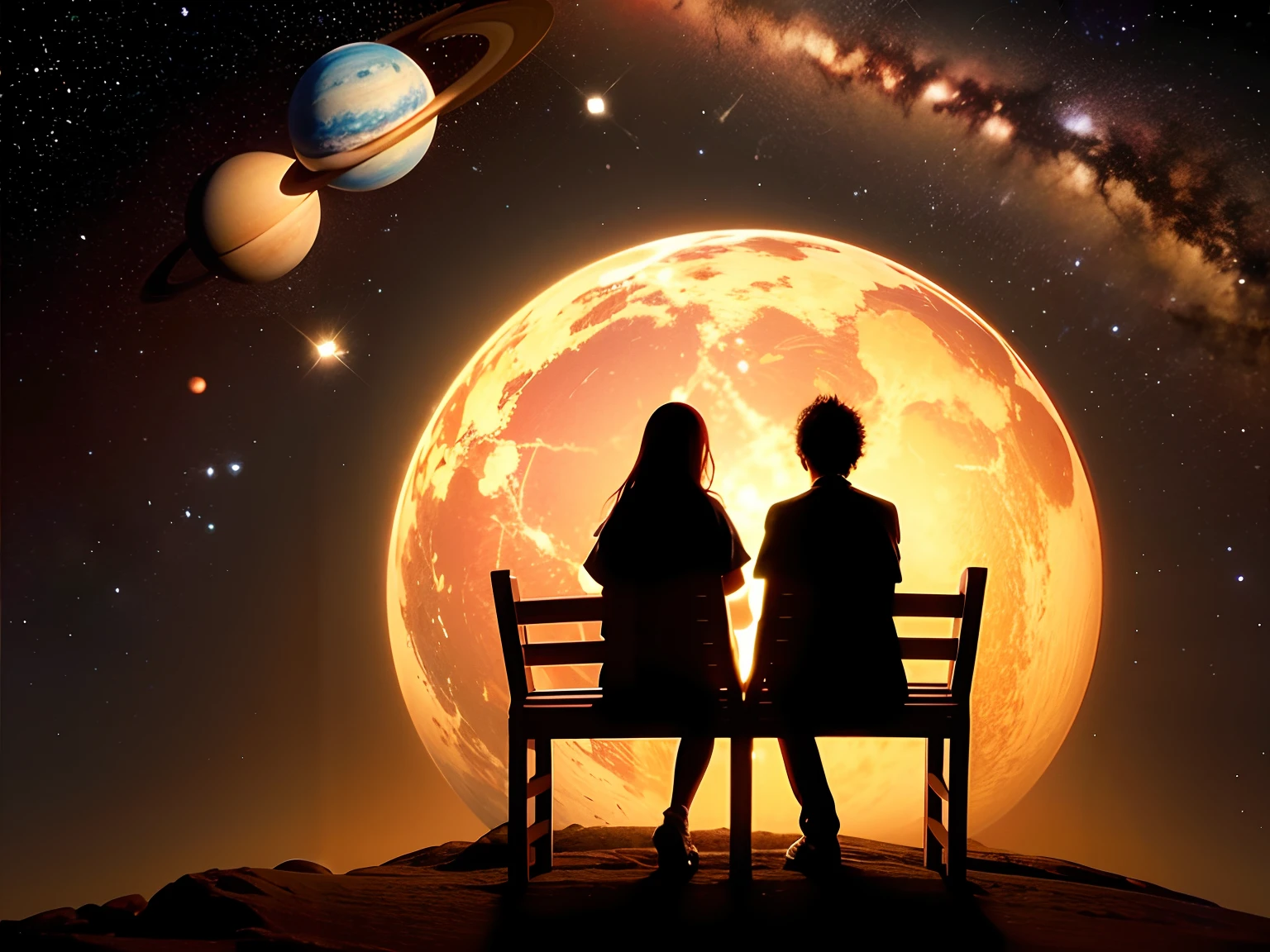 There were two people sitting in the starry sky,Look at the planets,Look at the planets,The deep background of the universe,Starlight