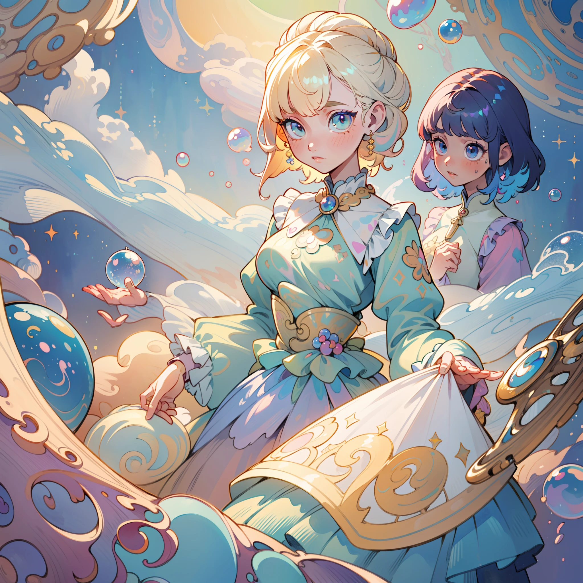 masterpiece, best quality, 8k resolution, sharp focus, intricate detail, beautiful 3girls, sparkling eyes, golden ratio face, otherworldly liquid, watercolor, pastel colors, bright colors, whimsical, colorful, sharp focus, high resolution, fine detail, ((layered tiered puffy long sleeves ballgown)), ((round eyes)), iridescent bubbles, fantasia background