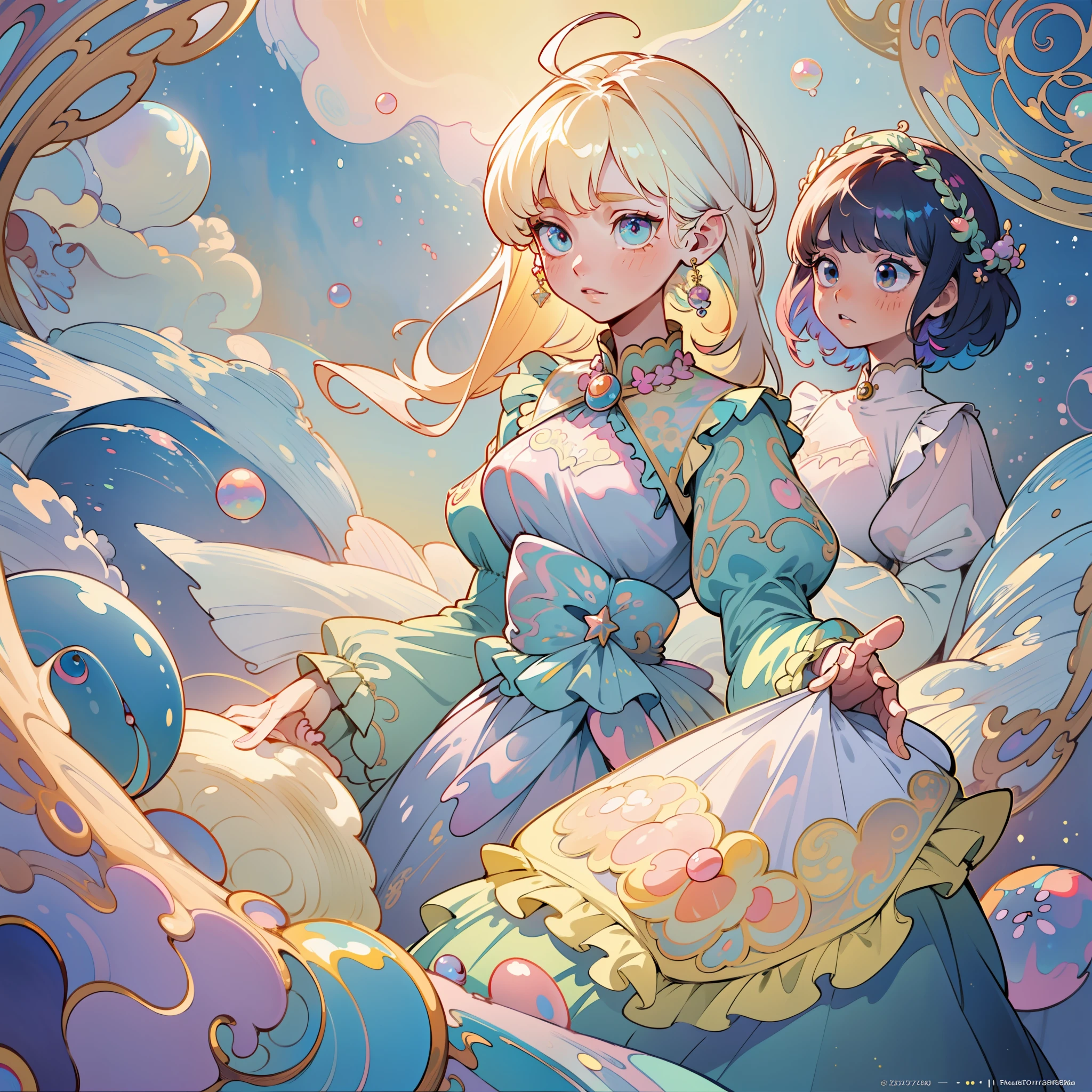 masterpiece, best quality, 8k resolution, sharp focus, intricate detail, beautiful 3girls, sparkling eyes, golden ratio face, otherworldly liquid, watercolor, pastel colors, bright colors, whimsical, colorful, sharp focus, high resolution, fine detail, ((layered tiered puffy long sleeves ballgown)), ((round eyes)), iridescent bubbles, fantasia background