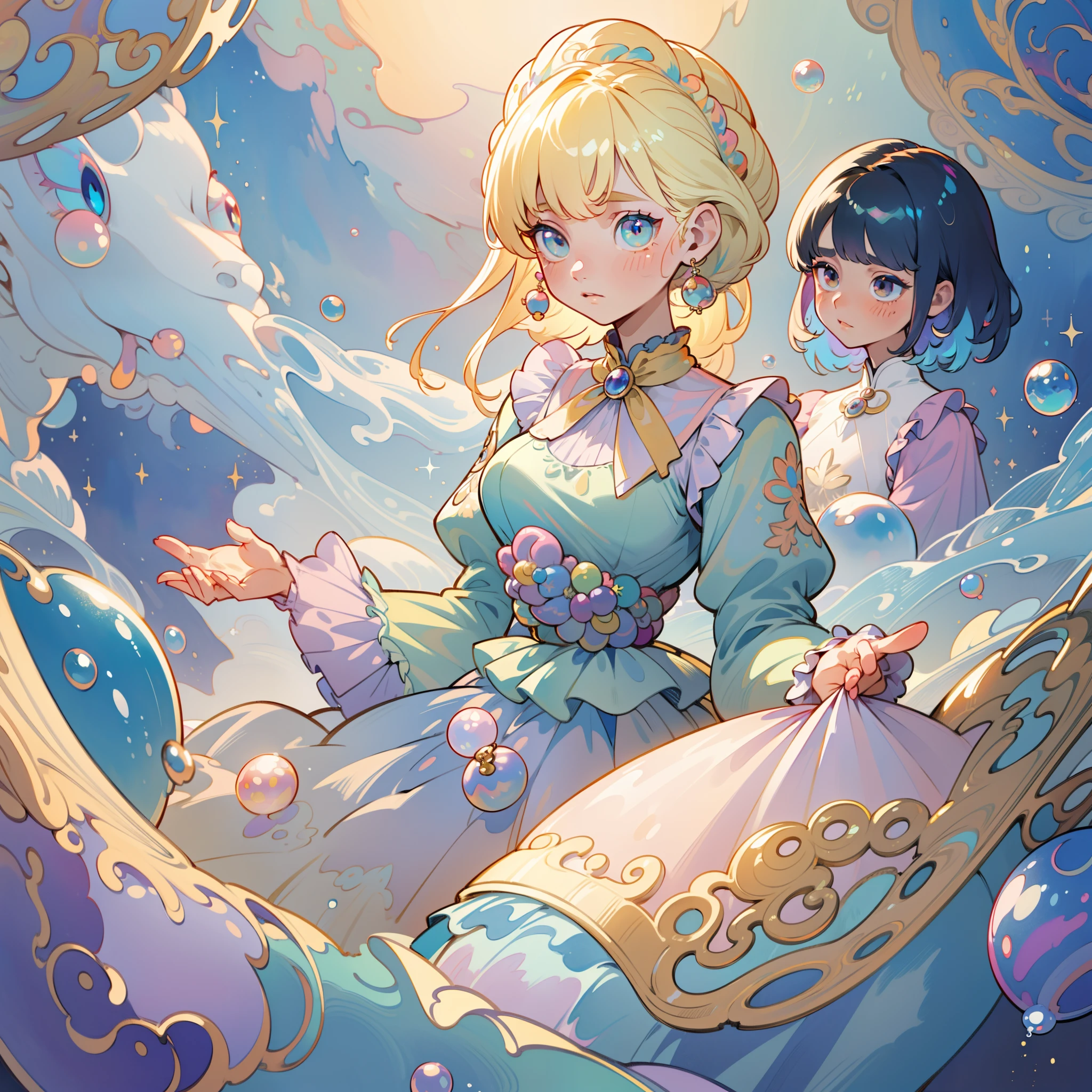 masterpiece, best quality, 8k resolution, sharp focus, intricate detail, beautiful 3girls, sparkling eyes, golden ratio face, otherworldly liquid, watercolor, pastel colors, bright colors, whimsical, colorful, sharp focus, high resolution, fine detail, ((layered tiered puffy long sleeves ballgown)), ((round eyes)), iridescent bubbles, fantasia background