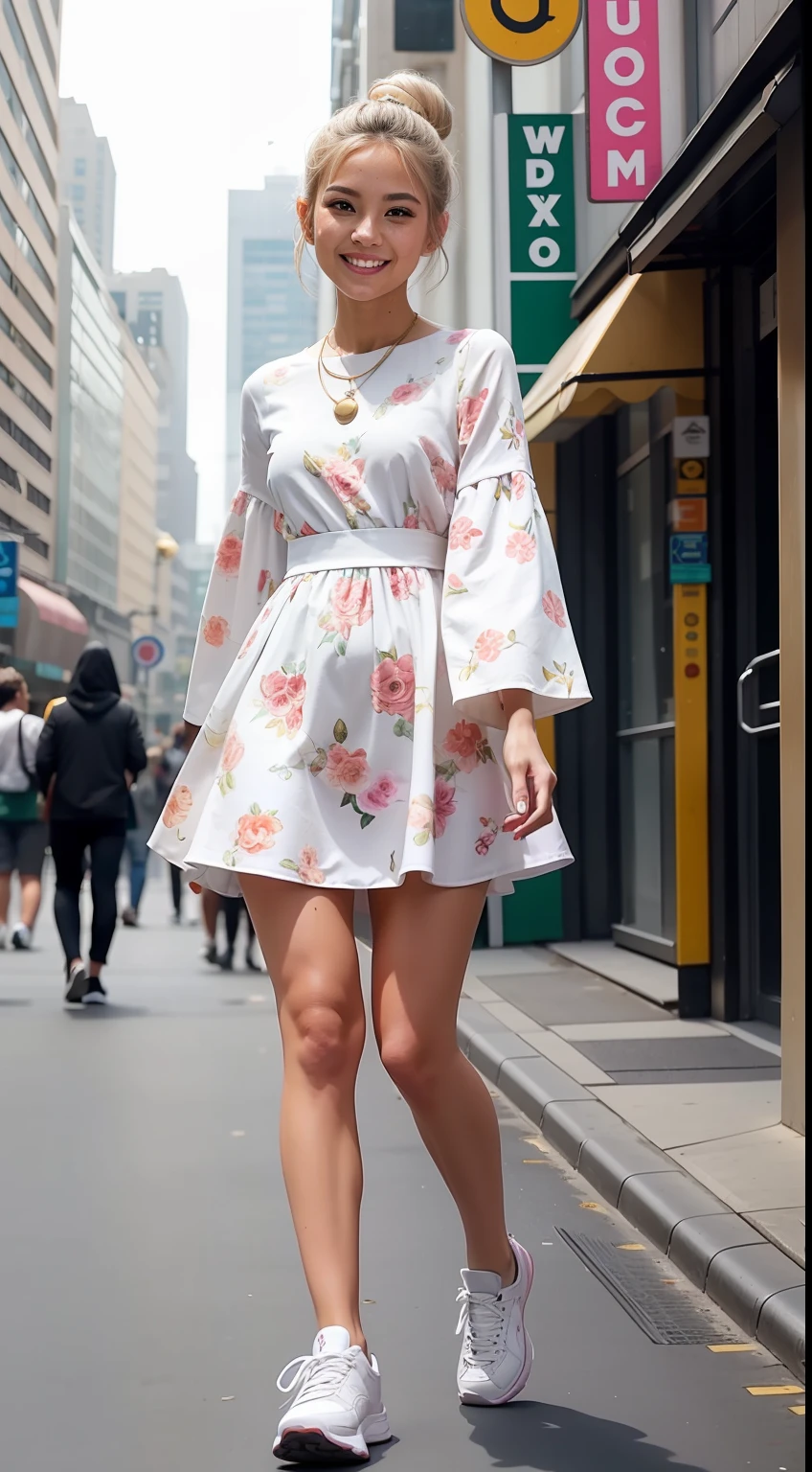 Malay girl very long white shiny hair with High Sleek updo Bun, wear pastel green Floral Print Flounce Sleeve Square Neck Dress, pink sneakers, smiling, very long white hair, wear gold necklace, front view, windy, detail skin, age spot, detail skin texture, mole below eyes, small breast, flat chest, wide hips, small waists, thick thighs, slim abs, beautiful body, morning, laughing, happy, bright lighting, people in background, city background, blur background, bokeh, location: city street