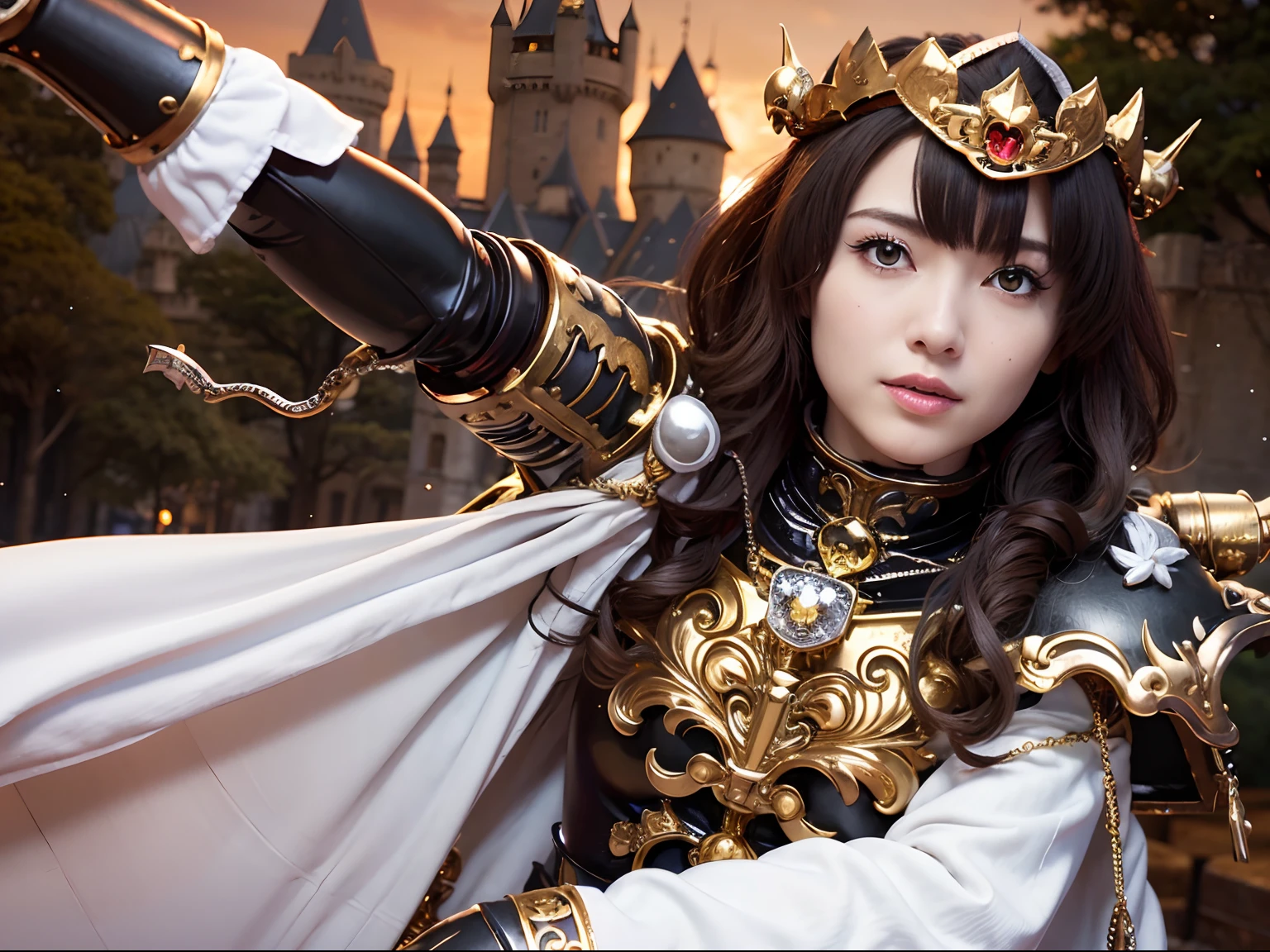 (masutepiece), Professional , ​masterpiece、top-quality、photos realistic , depth of fields （Gemstone Silver Metal Body:1.９),(Matte White、Jewel Gold Weapon、（Gorgeous castle background）、（Realistic giant black dragon）、（Jewel Metal Body:1.４),Gorgeous Jewel Metal Weapons , Detailed Sword of the Brave ,（ Soldier background in metal armor）   ,warhammer 40k , adepta sororitas,Detail and ornate jewel crown、独奏、Brown hair、（Gangle's forest background）、Beautiful Caucasian beauty、１a person、dynamic ungle,(((Diamond tiara with detail and luxury)))、a small face、A smile、Powerful poses、（Gorgeous castle background）、huge filesize、20 year old beautiful woman、Stand in the center of the screen、Thin female fingers、Straight long hair、Beautiful Caucasian beauty、