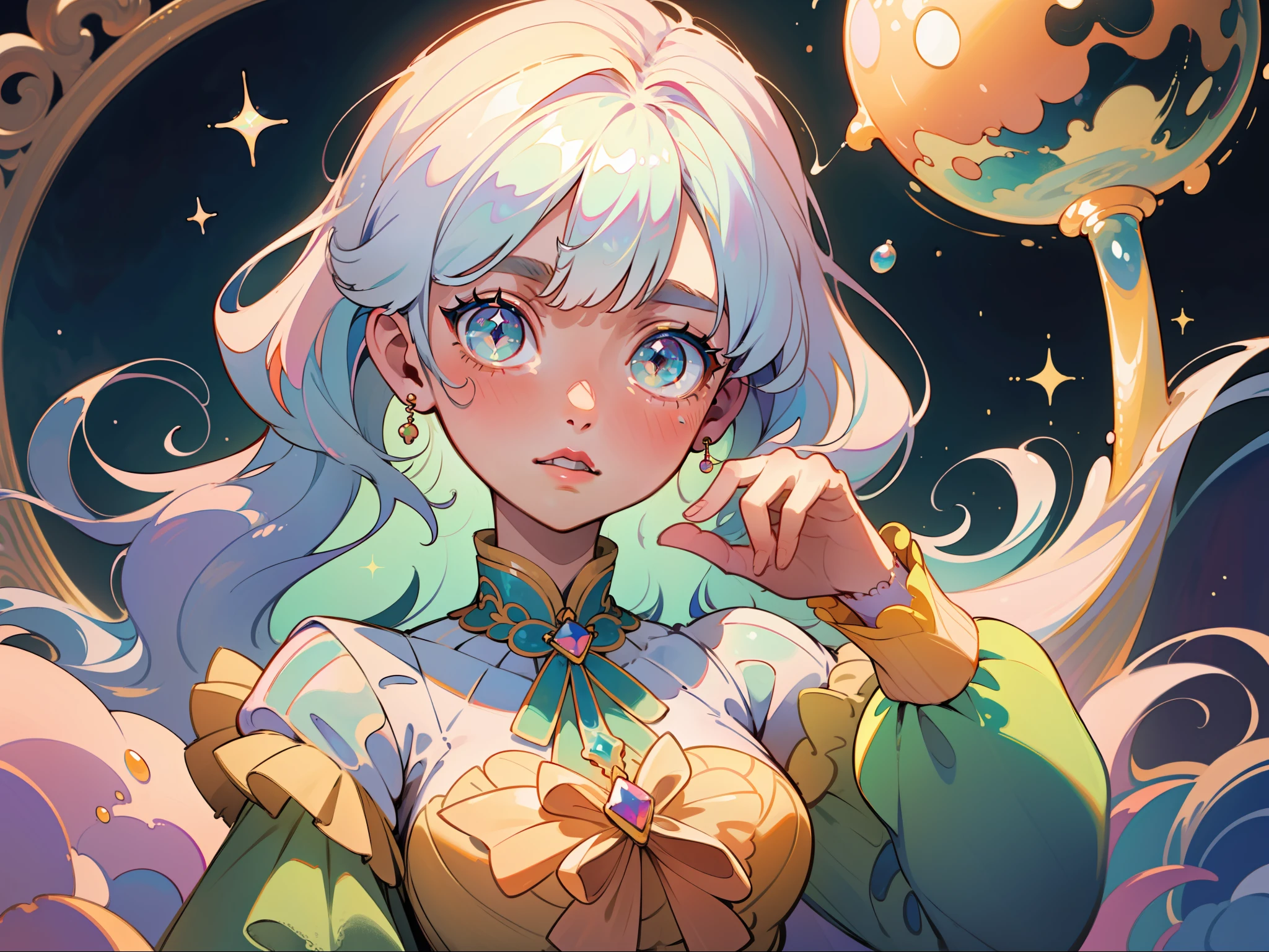 masterpiece, best quality, 8k resolution, sharp focus, intricate detail, beautiful girl, sparkling eyes, golden ratio face, otherworldly liquid, watercolor, pastel colors, bright colors, whimsical, colorful, sharp focus, high resolution, fine detail, ((layered tiered puffy long sleeves ballgown)), ((round eyes)), iridescent bubbles, fantasia background